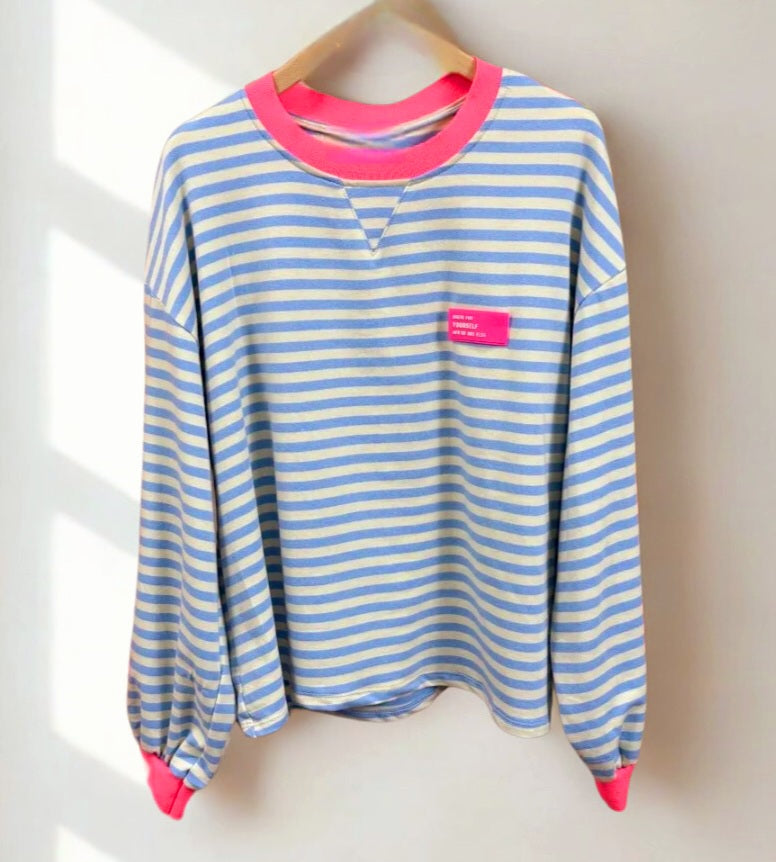 Sky Blue & Neon Pink Pure Cotton, light Sweatshirt with Neon pink tag and stripes. * Dispatch Aug 14th*