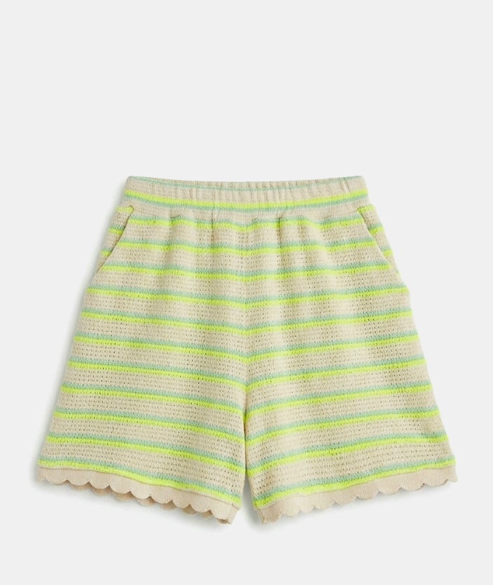 Neon Lime and Mint Striped Knit Shorts with Scalloped Trim