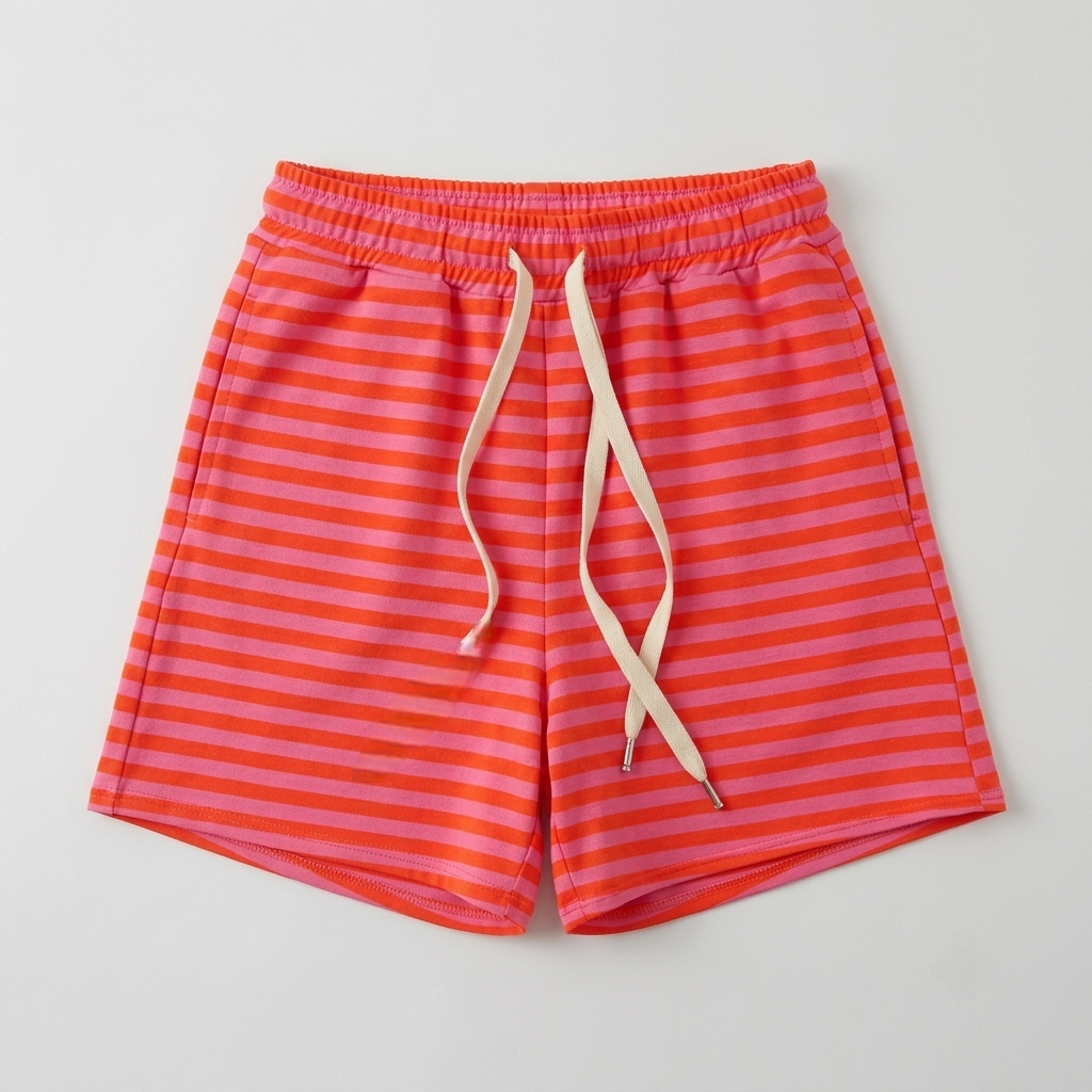 Neon Coral Striped Drawstring Casual Shorts