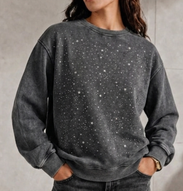 Celestial Embellished Acid Wash Sweatshirt - Washed Charcoal