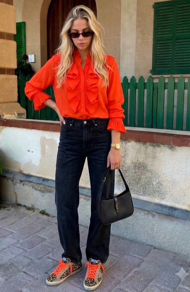 Vibrant Orange Ruffle Neck, Pleated Cuff Blouse