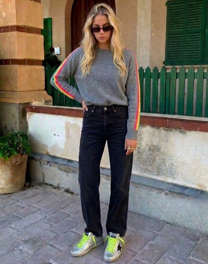 Grey Rainbow Side-Stripe Fine Knit Jumper