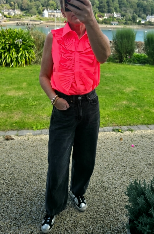Hot Pink Sleeveless Ruffle Blouse