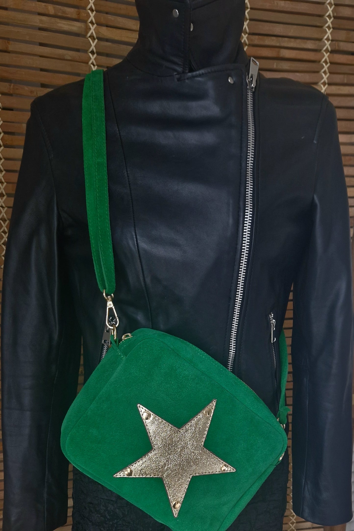Green Suede, Crossbody Bag with Gold Leather Star motif