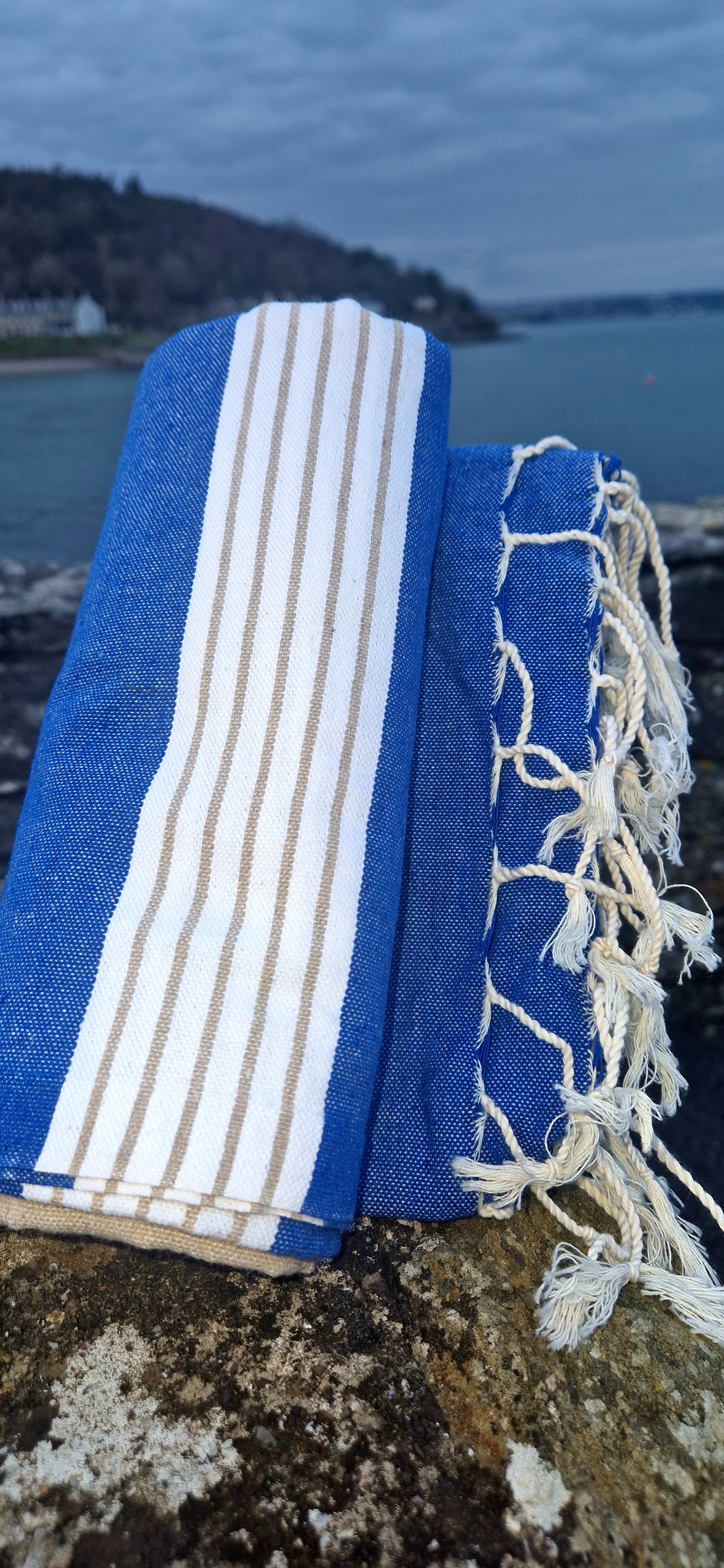 Fouta Towel In Blue Stripe with Beige and White