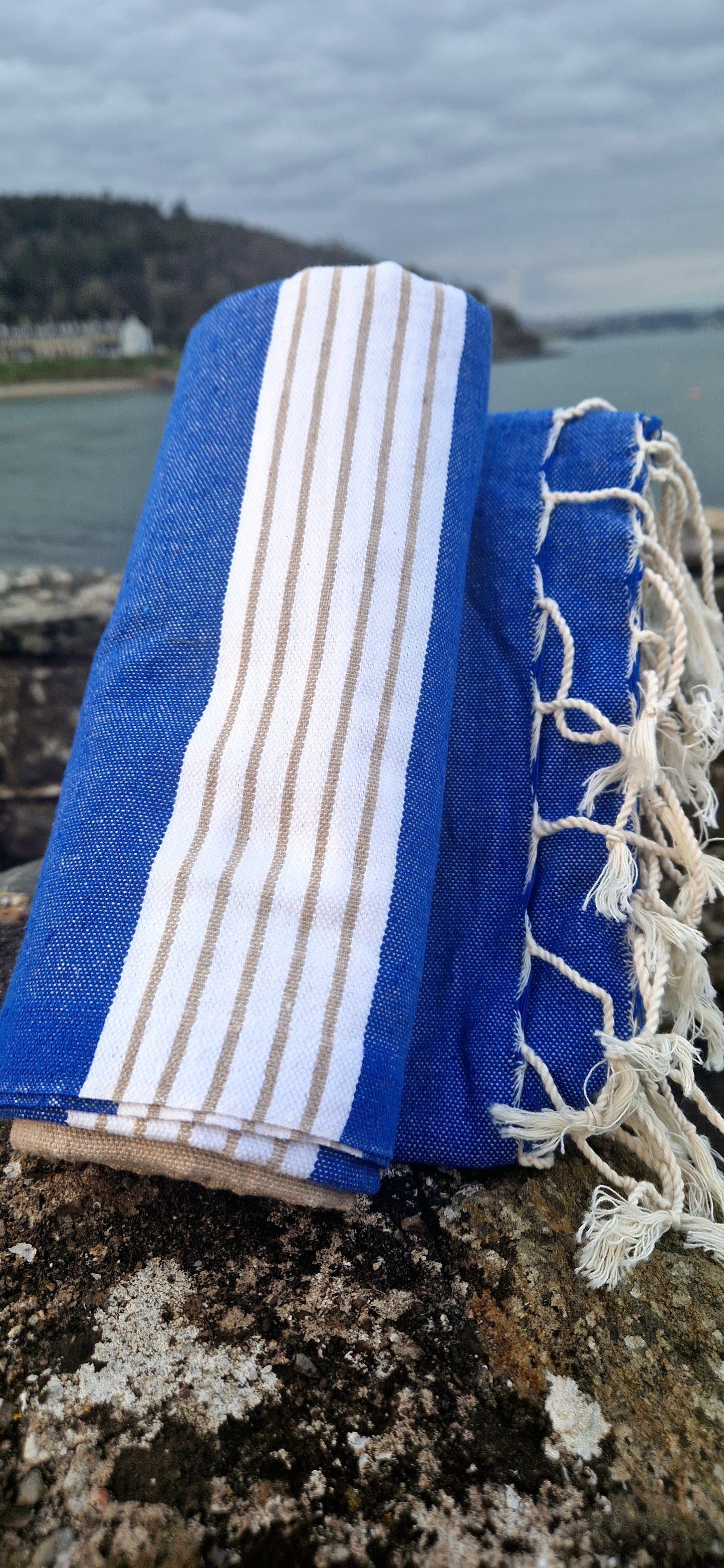 Fouta Towel In Blue Stripe with Beige and White