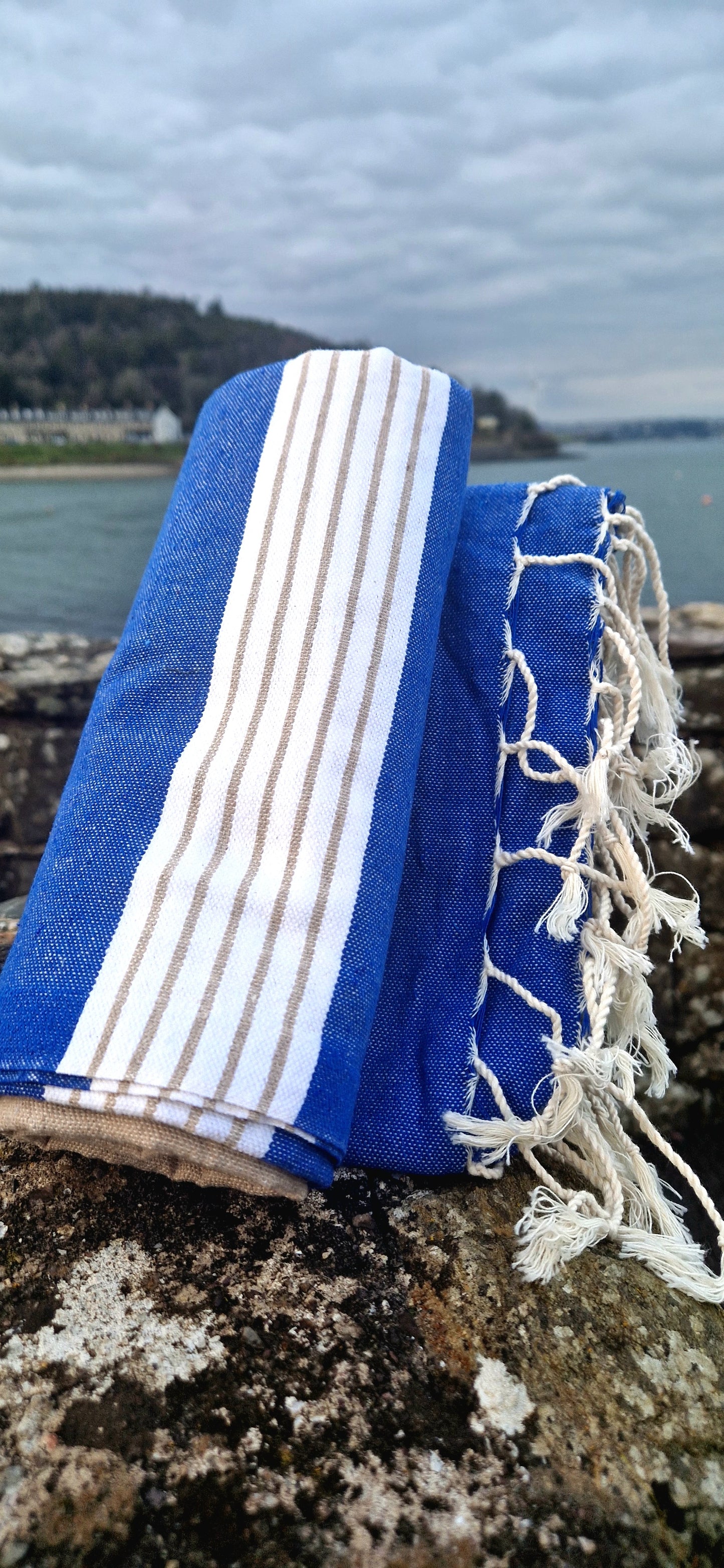Fouta Towel In Blue Stripe with Beige and White