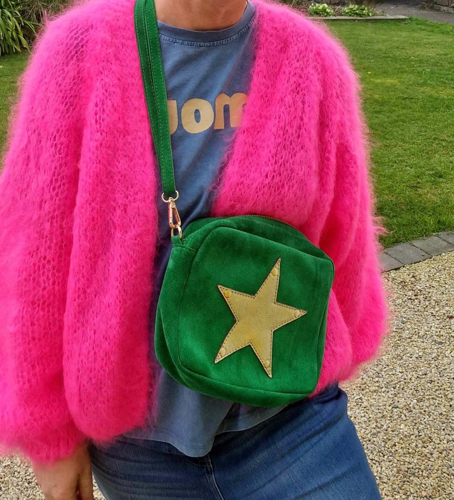 Green Suede, Crossbody Bag with Gold Leather Star motif