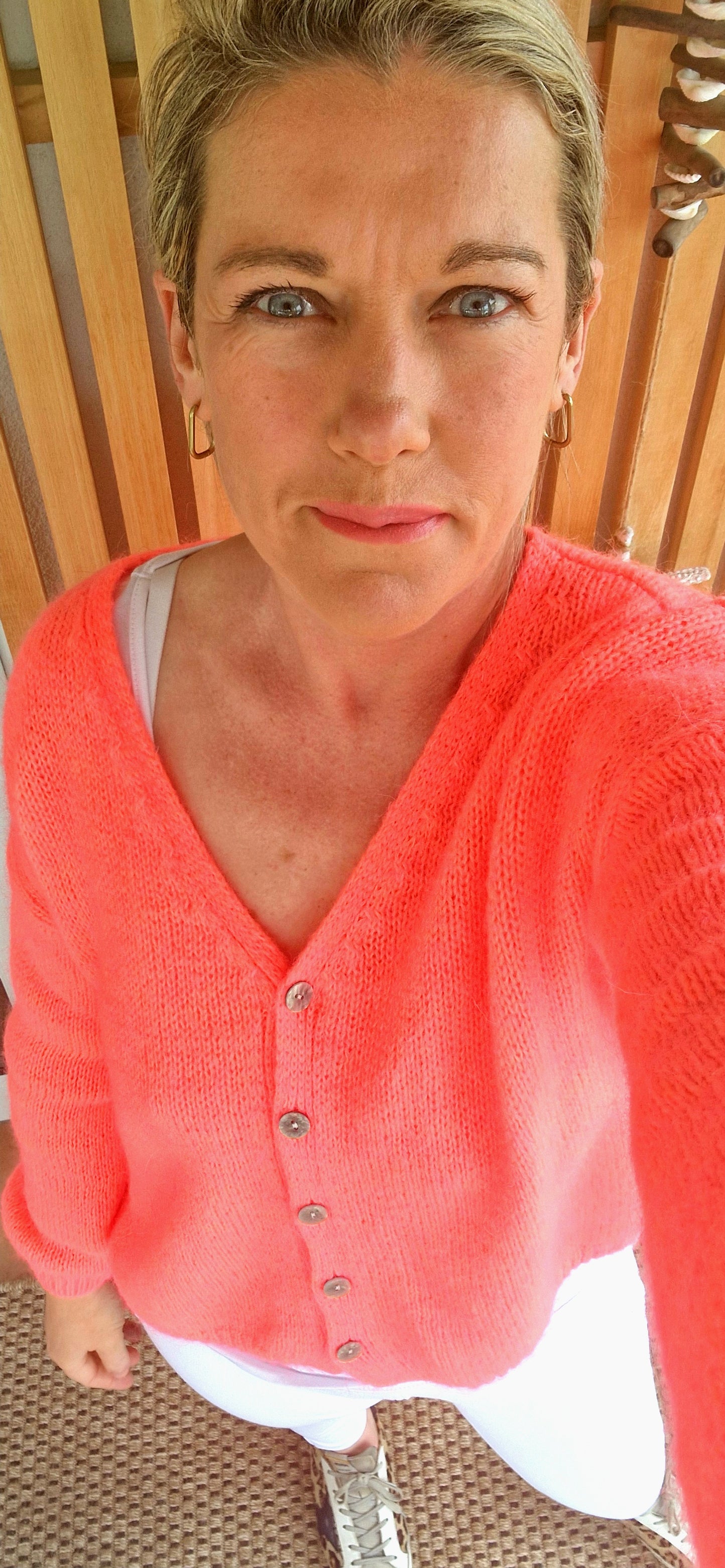 * PRE ORDER. DUE APRIL 21st* Neon Coral Cardigan in 30pc mohair.