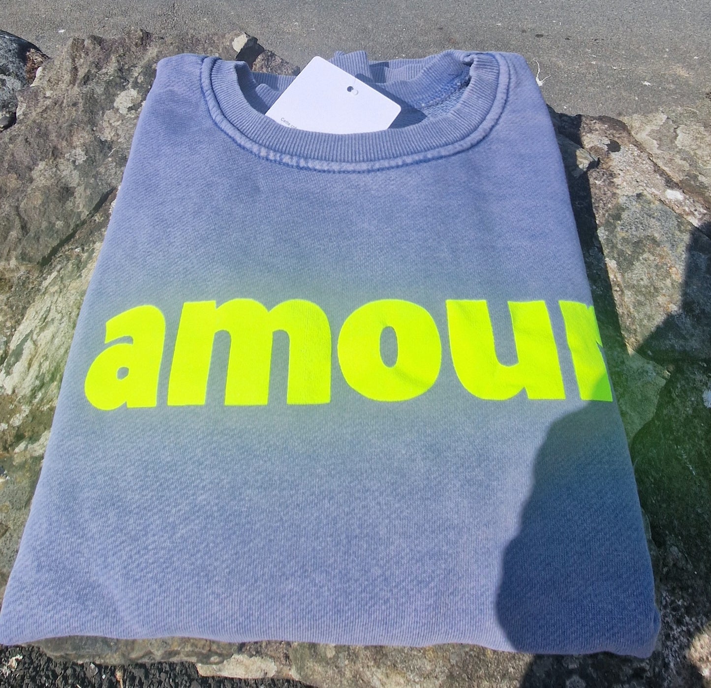 * BACK SOON* Ladies Blue Sweatshirt with Neon Yellow Print