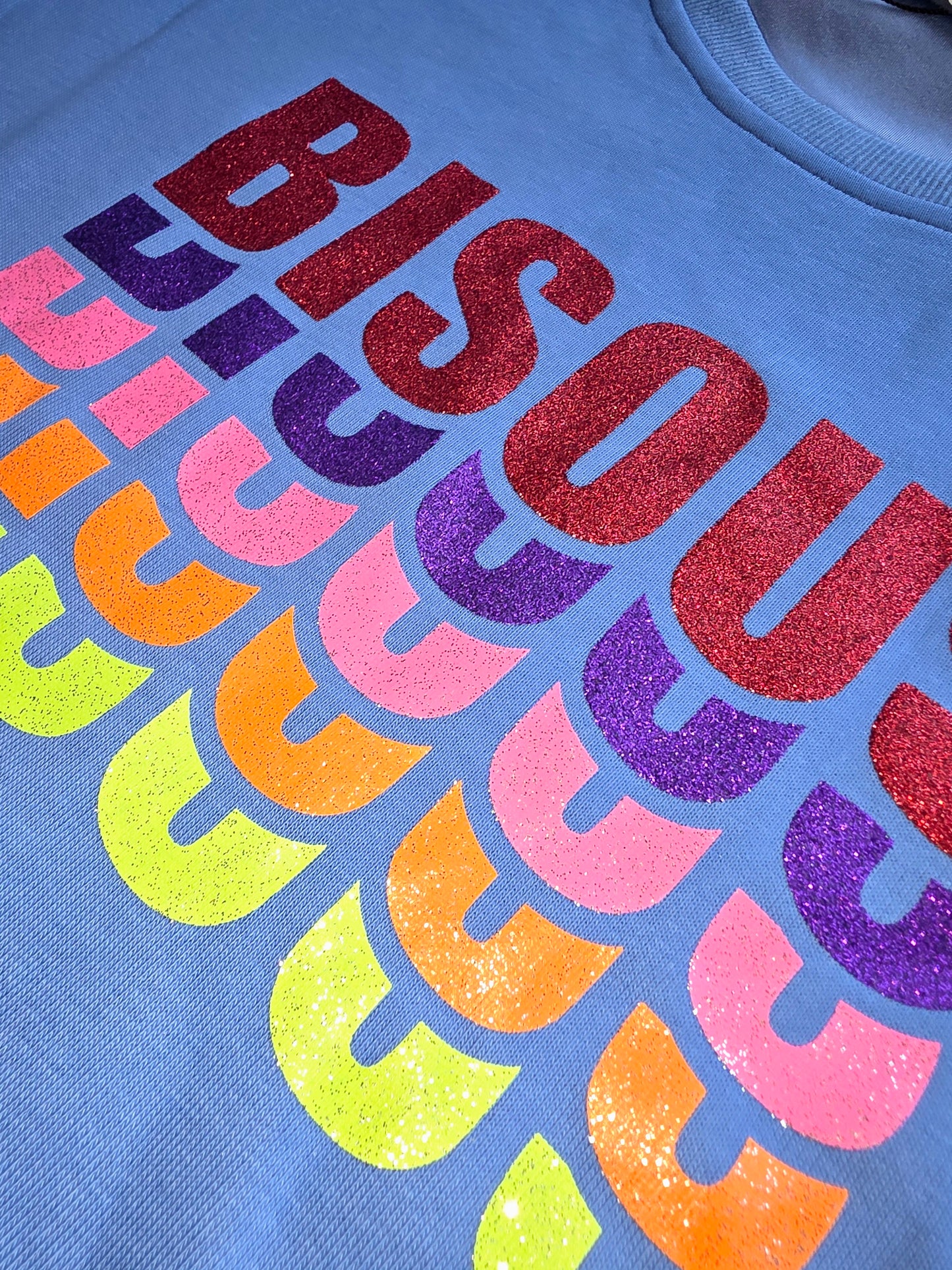 Bisous Cotton Mix Sweat in Blue with Multi Colour Bisous Font