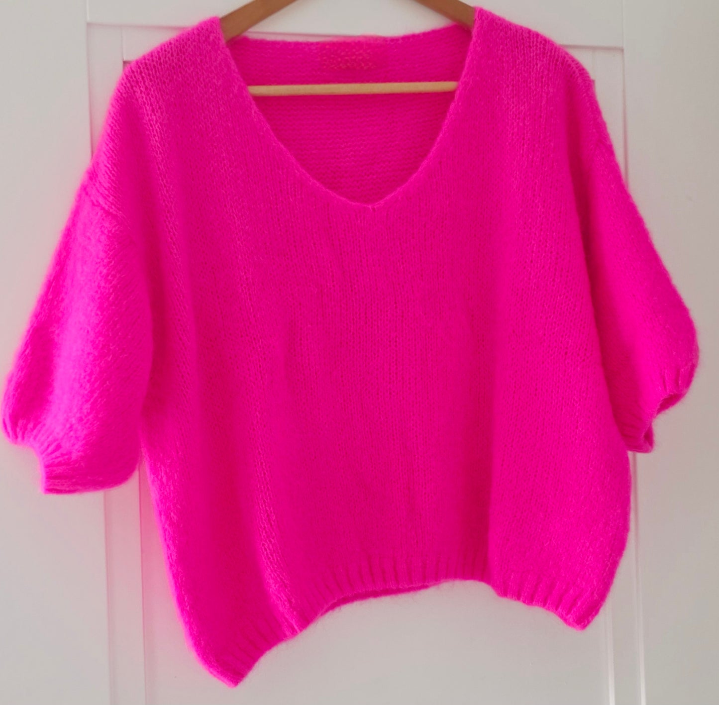 Neon Pink V Neck Mohair Mix short sleeve jumper