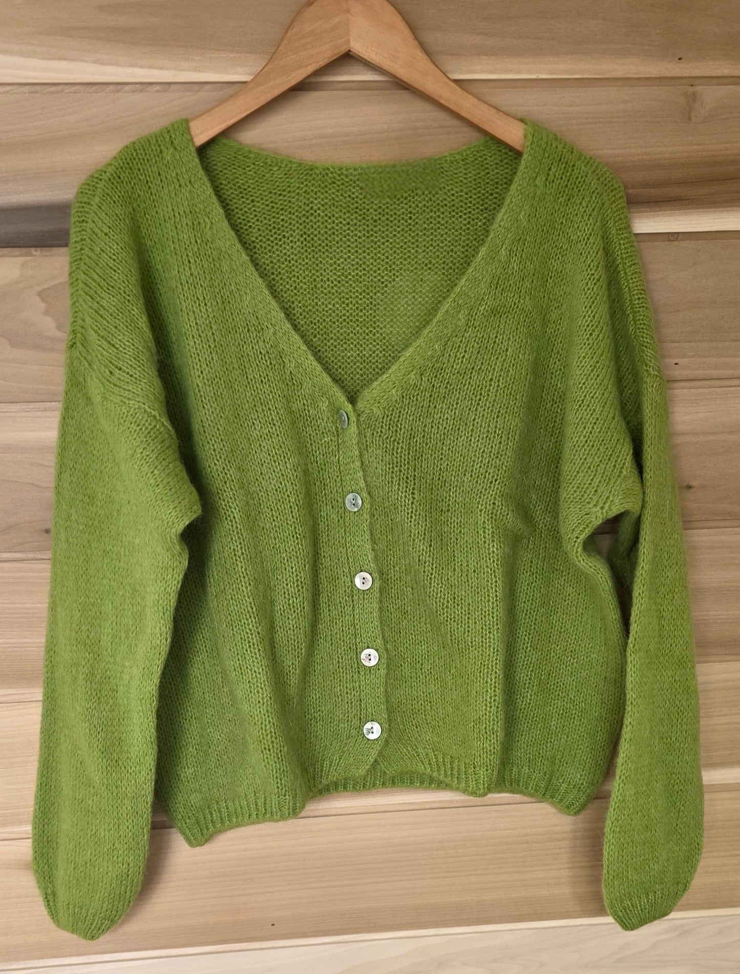 Olive Green Mohair Mix Cardigan. V Neck