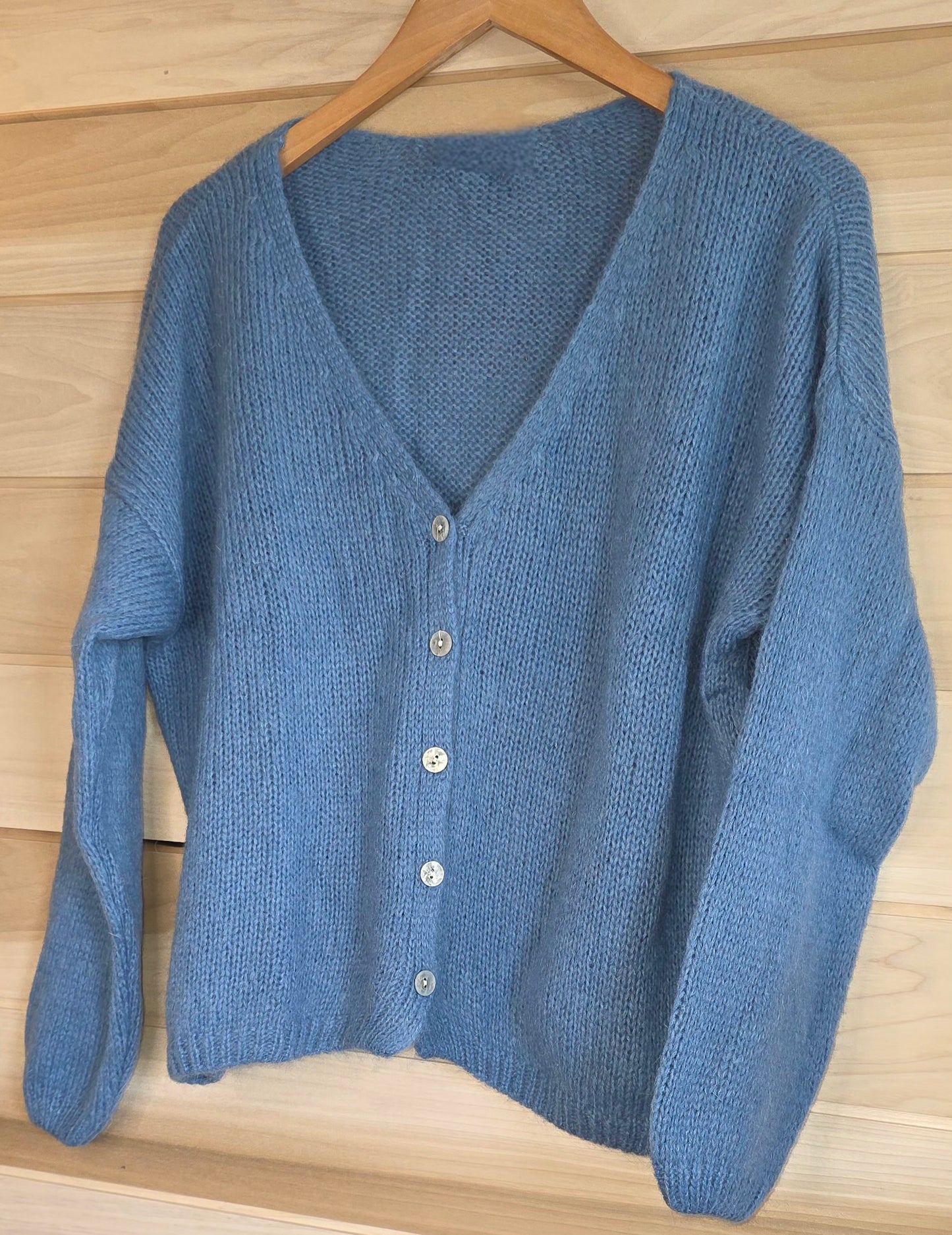 Petrol Blue Mohair Mix Long Sleeve Cardigan. V Neck