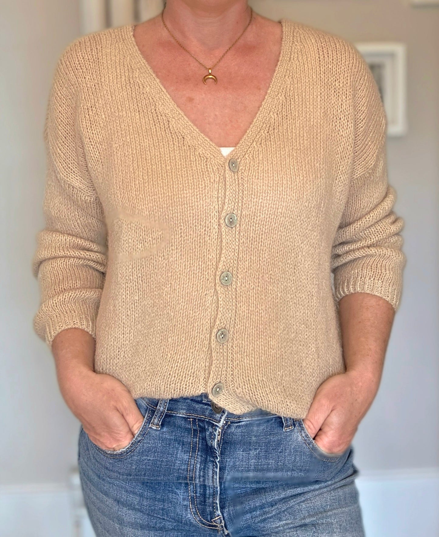Oatmeal beige Mohair Mix. V Neck Cardigan