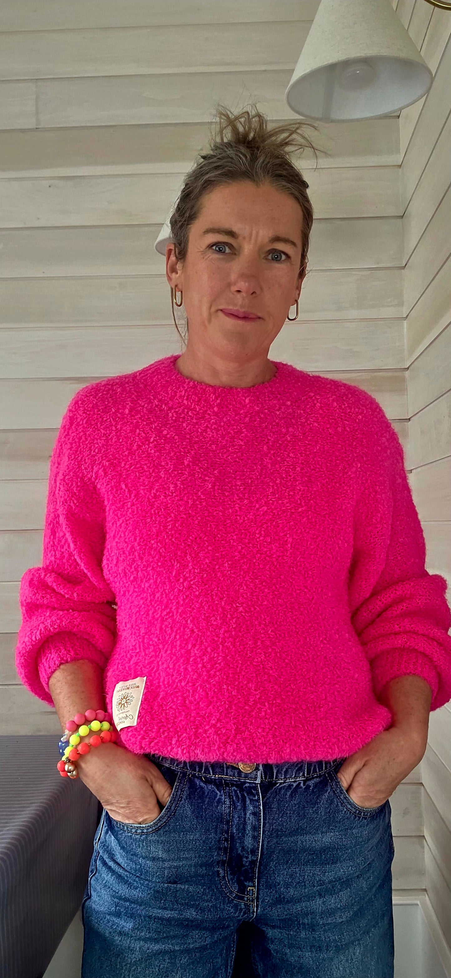 Neon Pink Kid Mohair & Wool Mix Fluffy Jumper