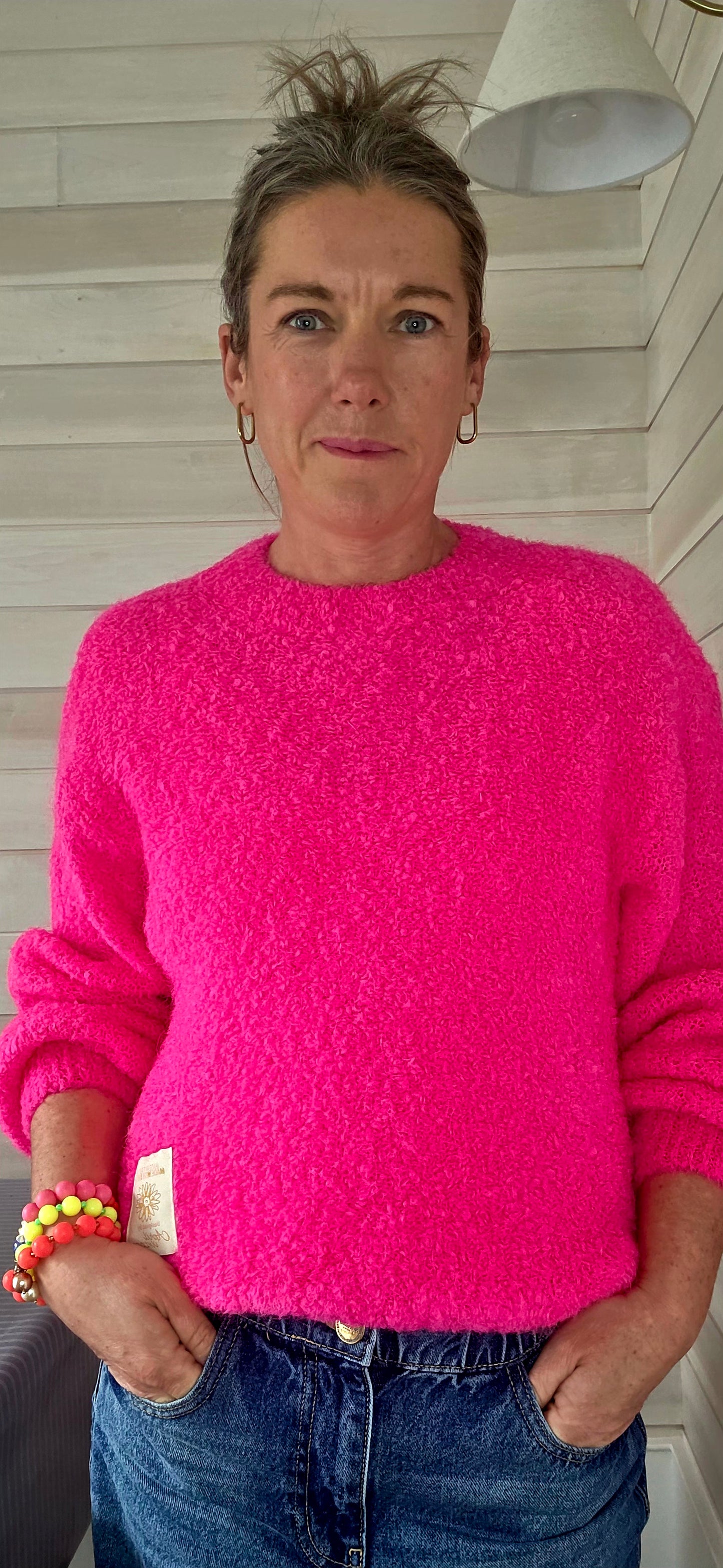 Neon Pink Kid Mohair & Wool Mix Fluffy Jumper