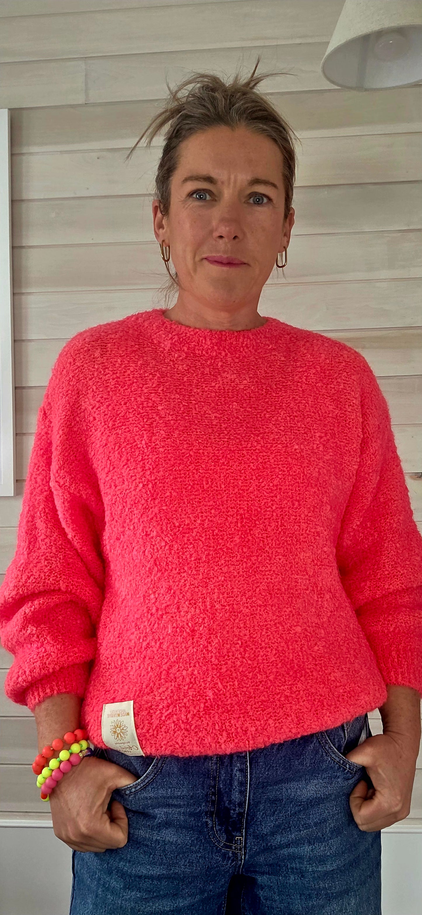 Neon Coral. Kid Mohair & Wool Mix Fluffy jumper