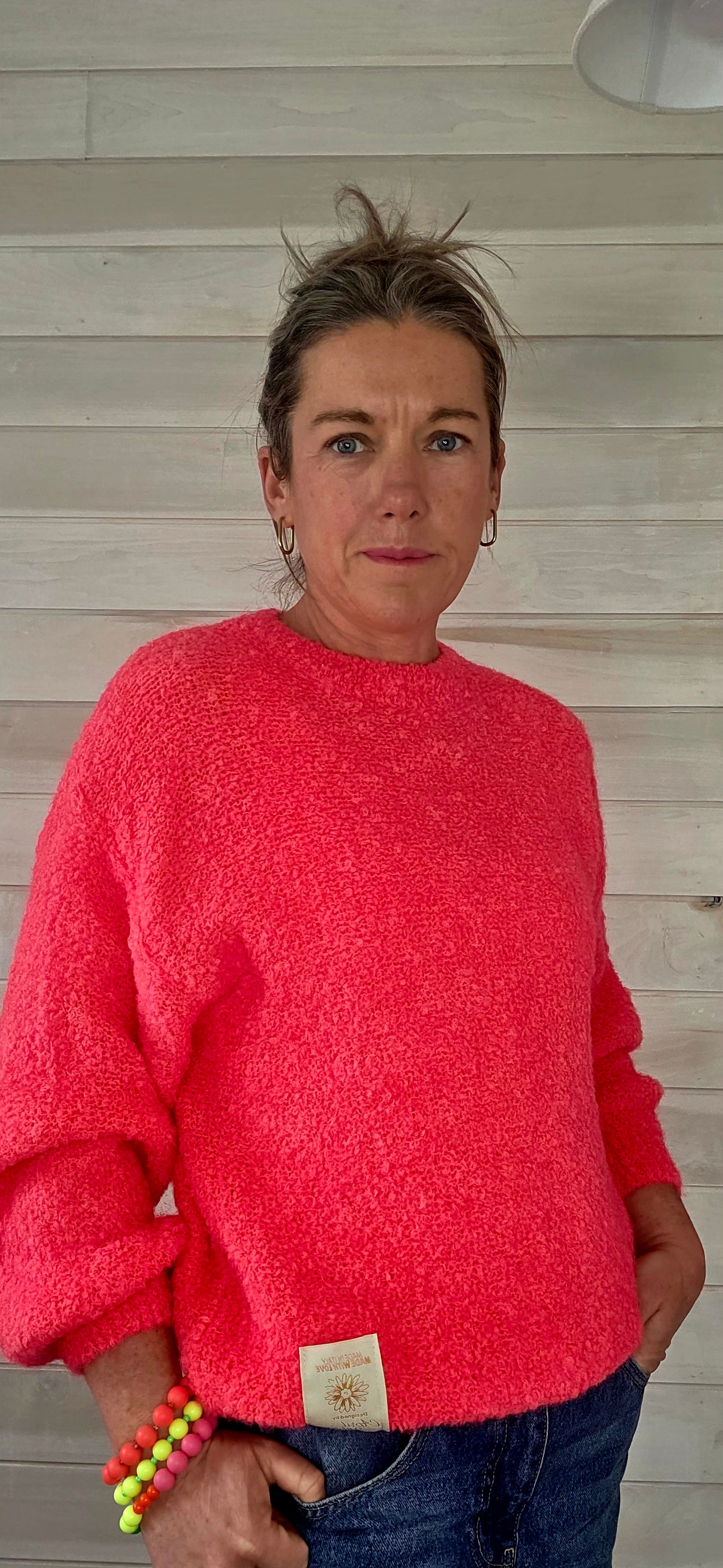 Neon Coral. Kid Mohair & Wool Mix Fluffy jumper