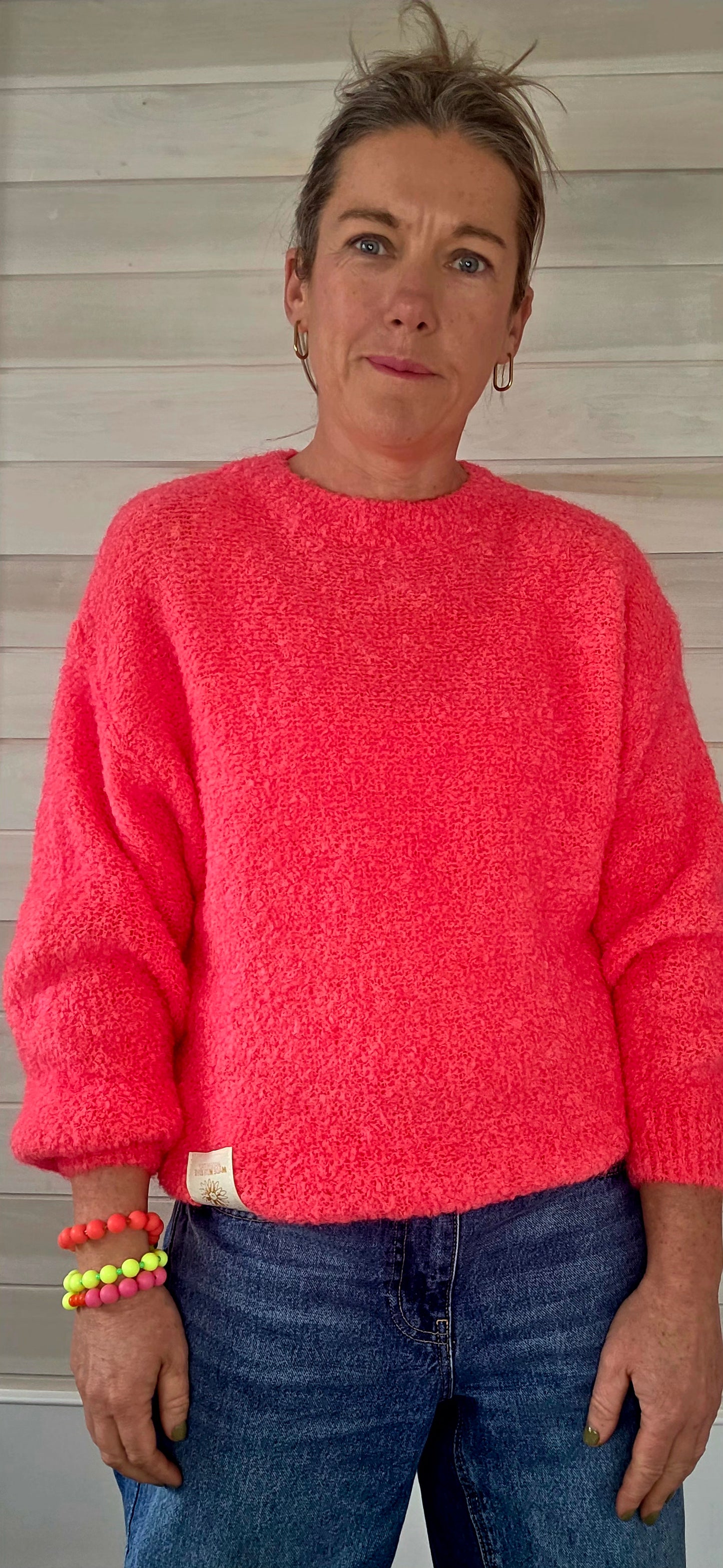 Neon Coral. Kid Mohair & Wool Mix Fluffy jumper