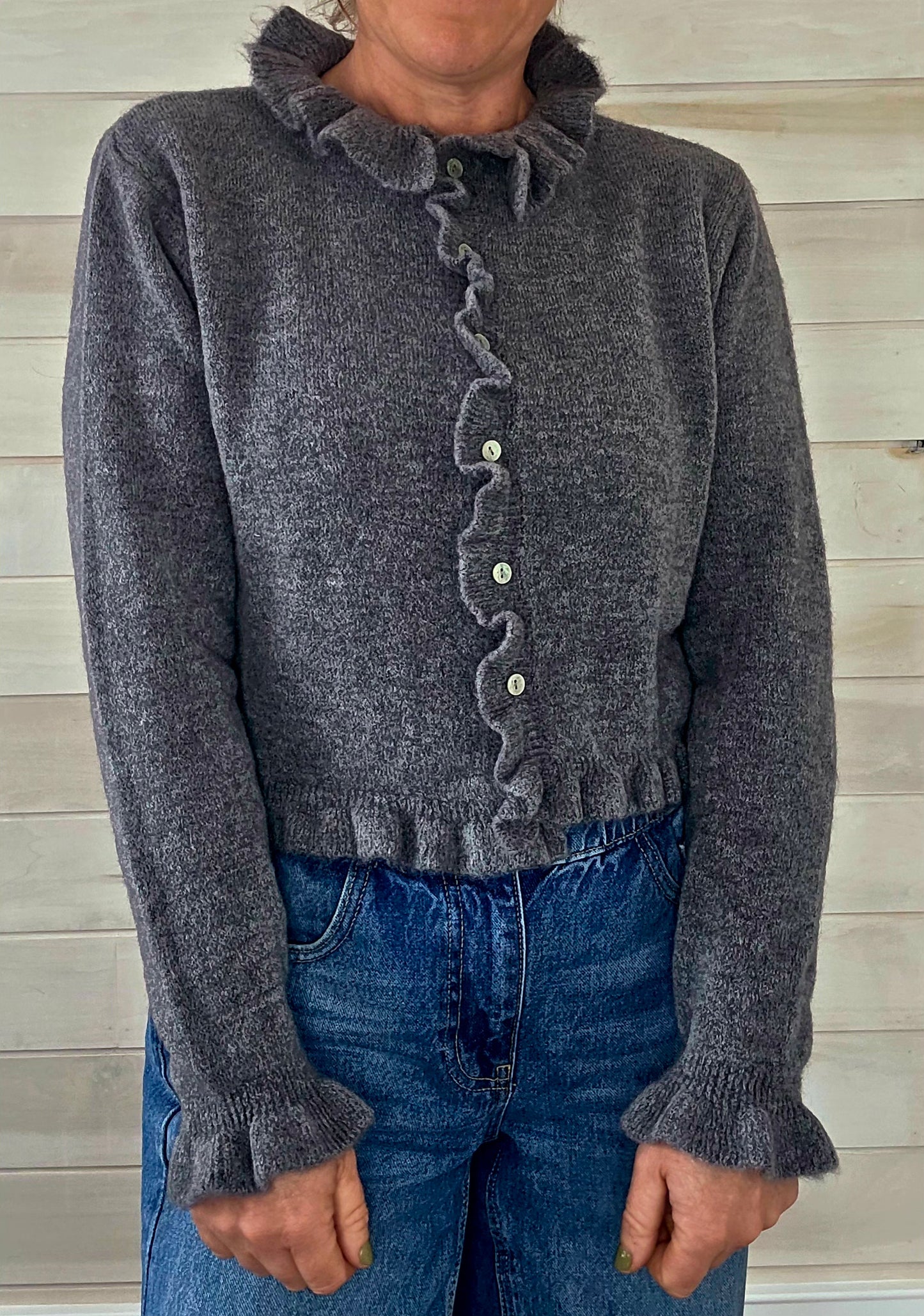 Charcoal Grey Alpaca Mix Ruffle front cardigan with buttons