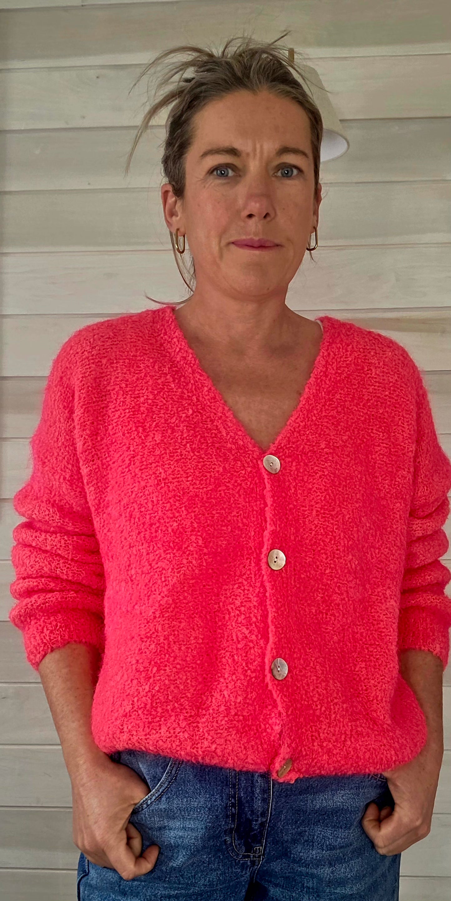 Neon Coral Kid Mohair & Wool V Neck Fluffy cardigan