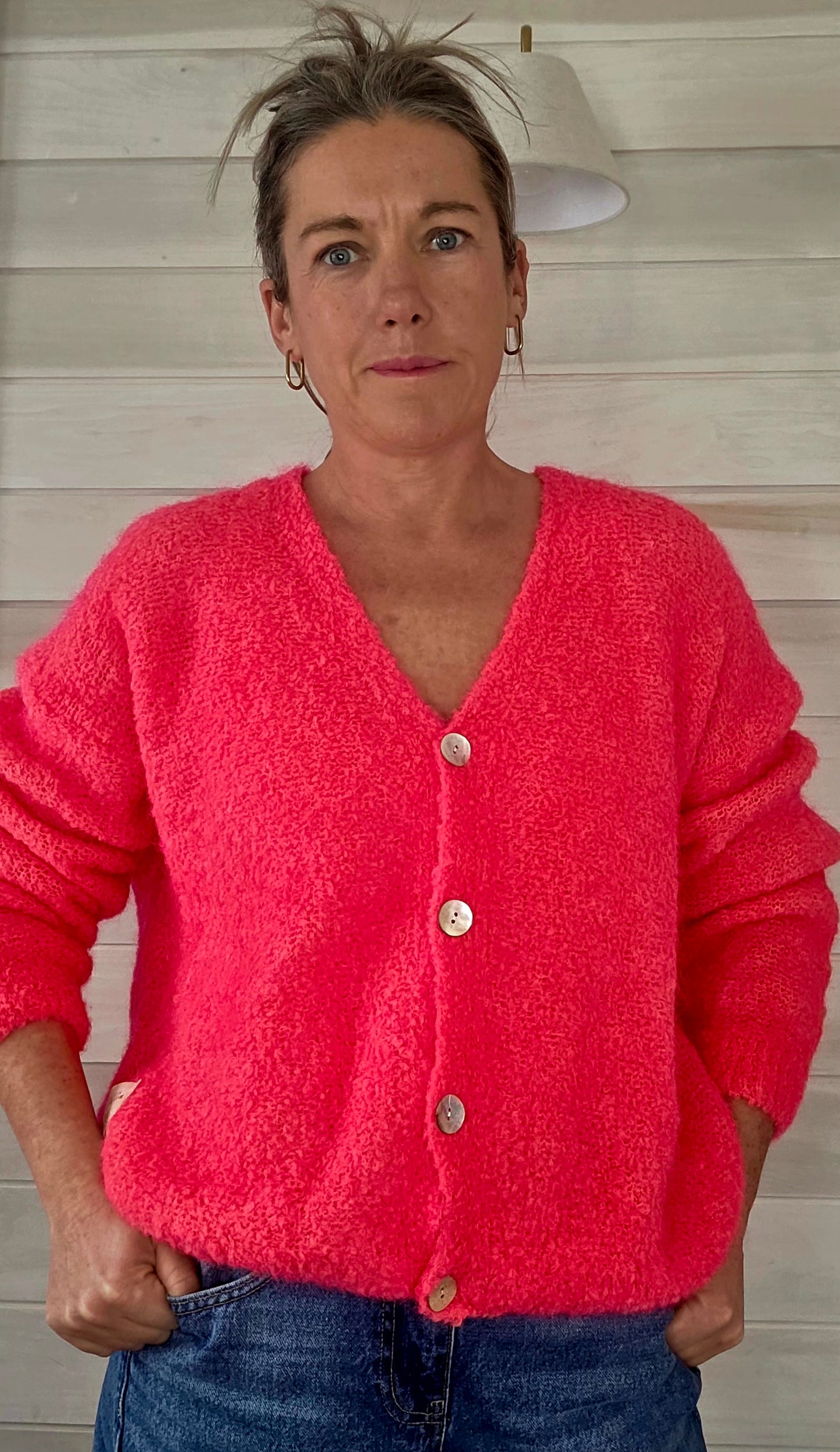 Neon Coral Kid Mohair & Wool V Neck Fluffy cardigan