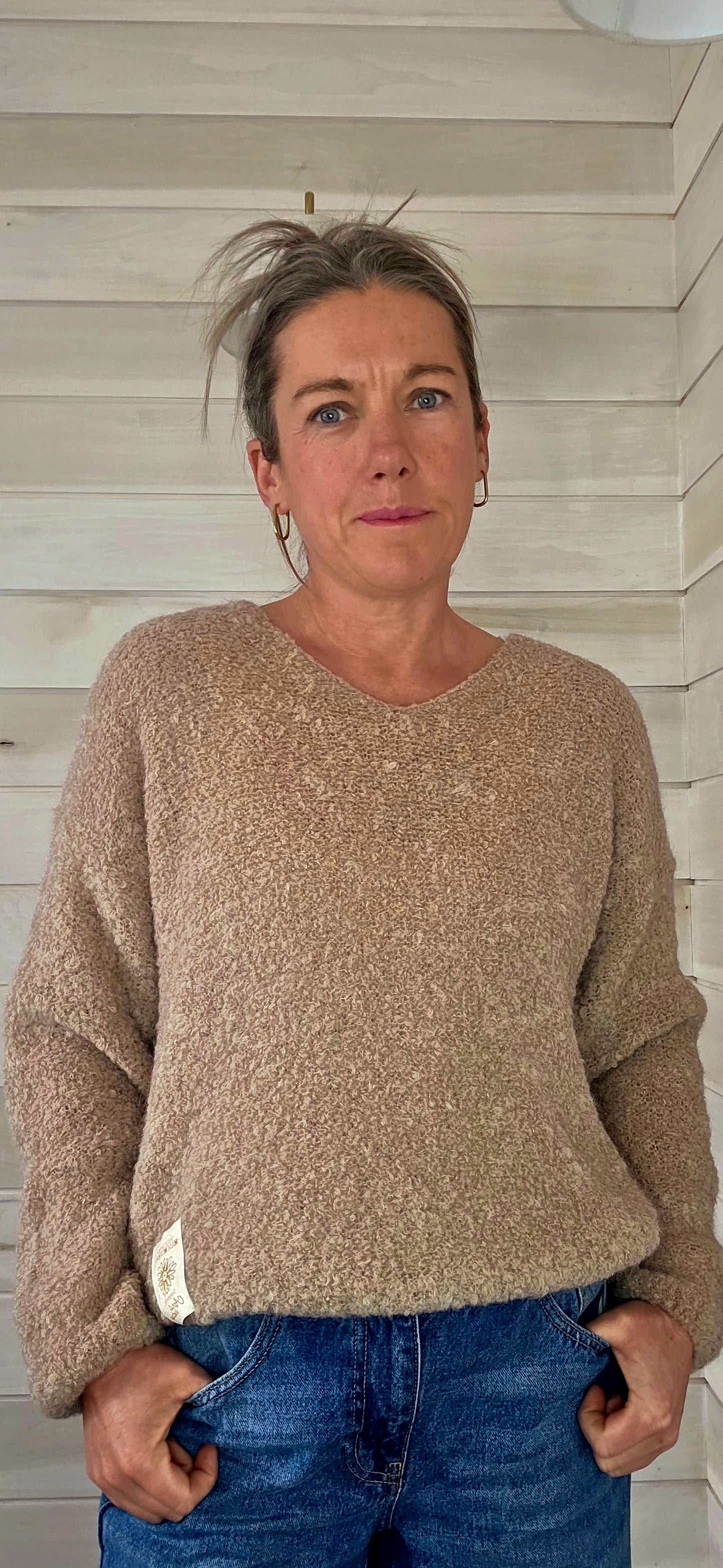Oatmeal Beige Kid Mohair & Wool Fluffy V Neck Jumper