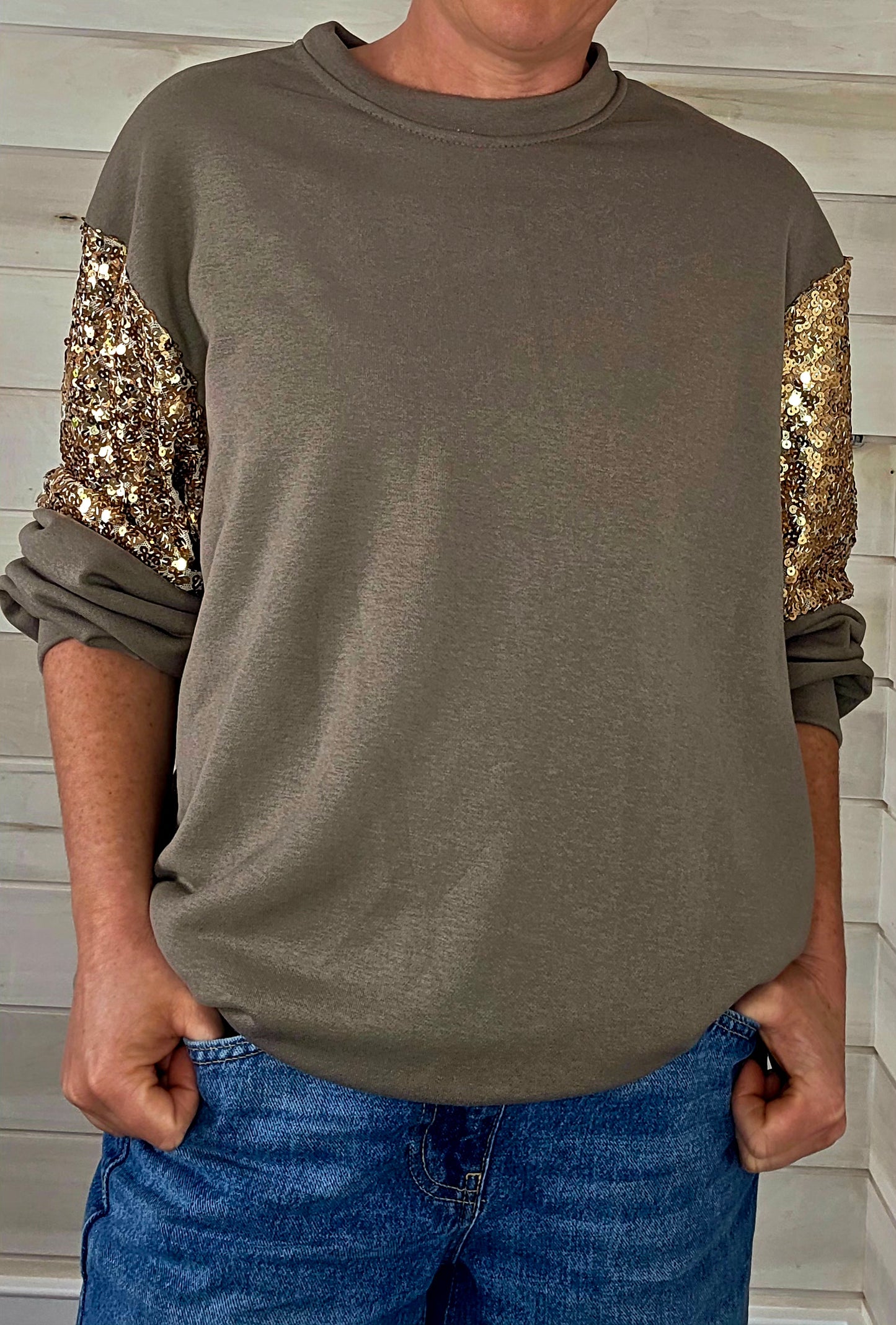 Taupe Cotton sweatshirt with sequin detail on sleeve