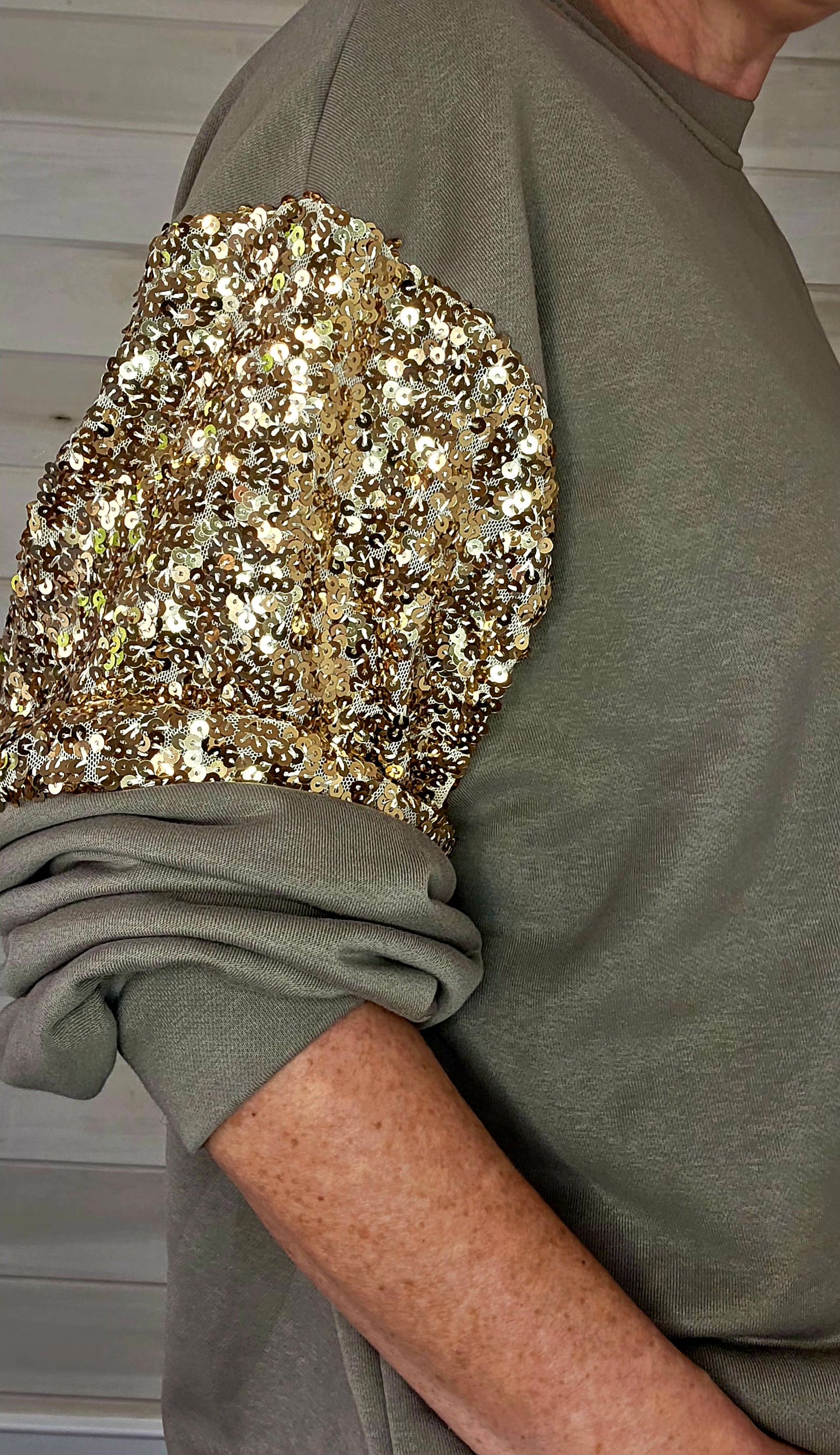 Taupe Cotton sweatshirt with sequin detail on sleeve