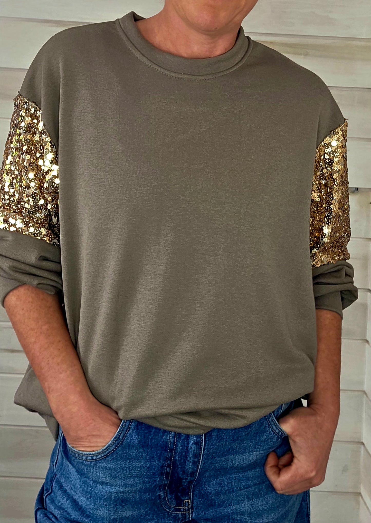 Taupe Cotton sweatshirt with sequin detail on sleeve