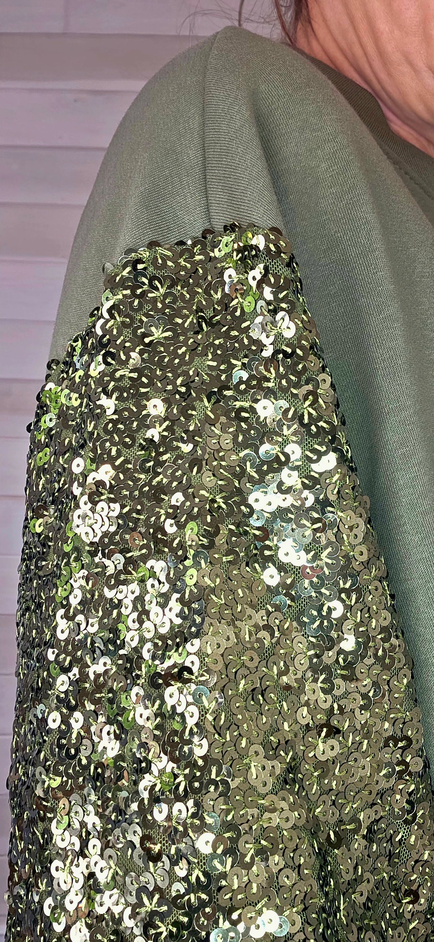 Khaki Cotton Sweatshirt with Gold Sequin detail on sleeve