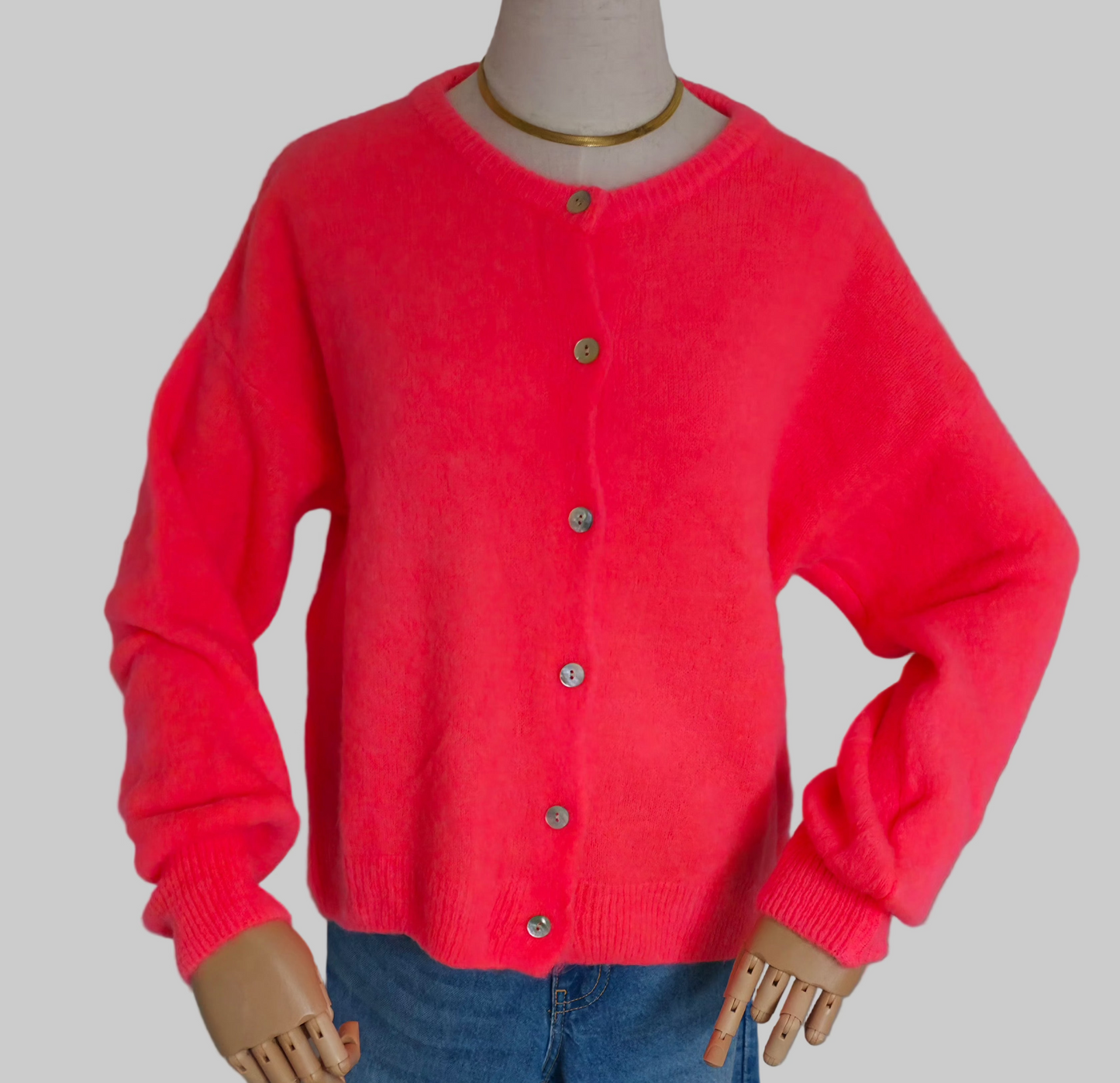 Neon Coral Cardigan |Superfine Alpaca & Wool. Long sleeve knit cardigan. ( Pre Order.Dispatch Mar 27th)