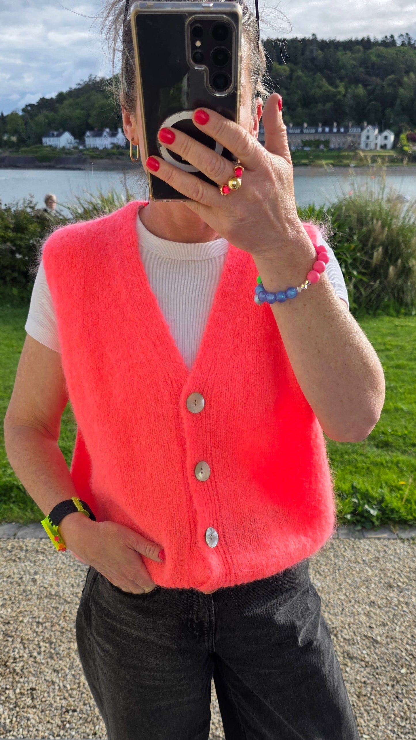 Neon Coral Mohair-Wool Blend V-Neck Knit Vest