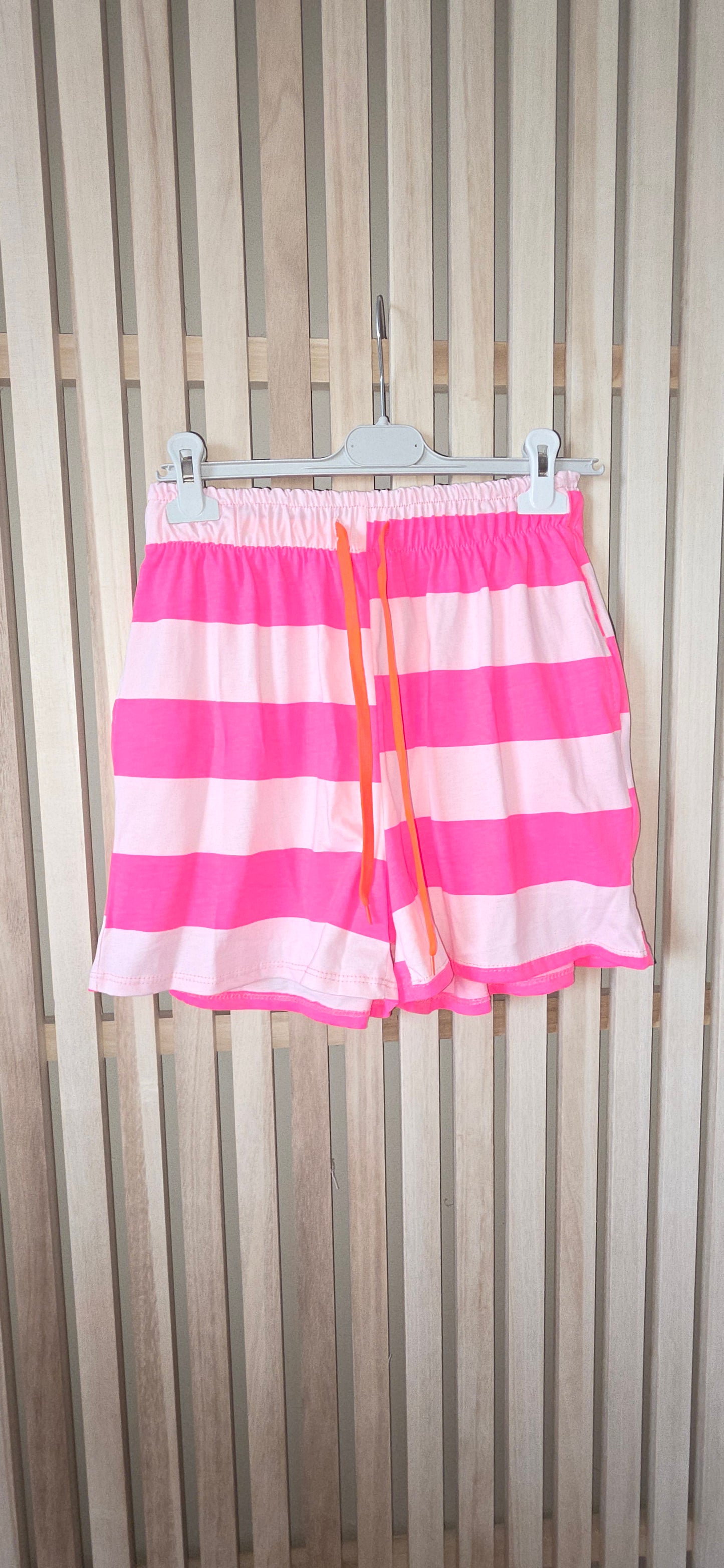 Neon Pink Light Pink Stripe Cotton Mix Shorts with Neon Orange Drawstring
