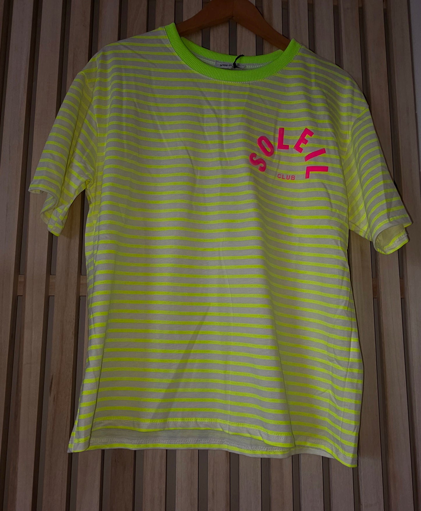 Neon Yellow Striped SOLEIL CLUB tee with Neon Pink Graphics