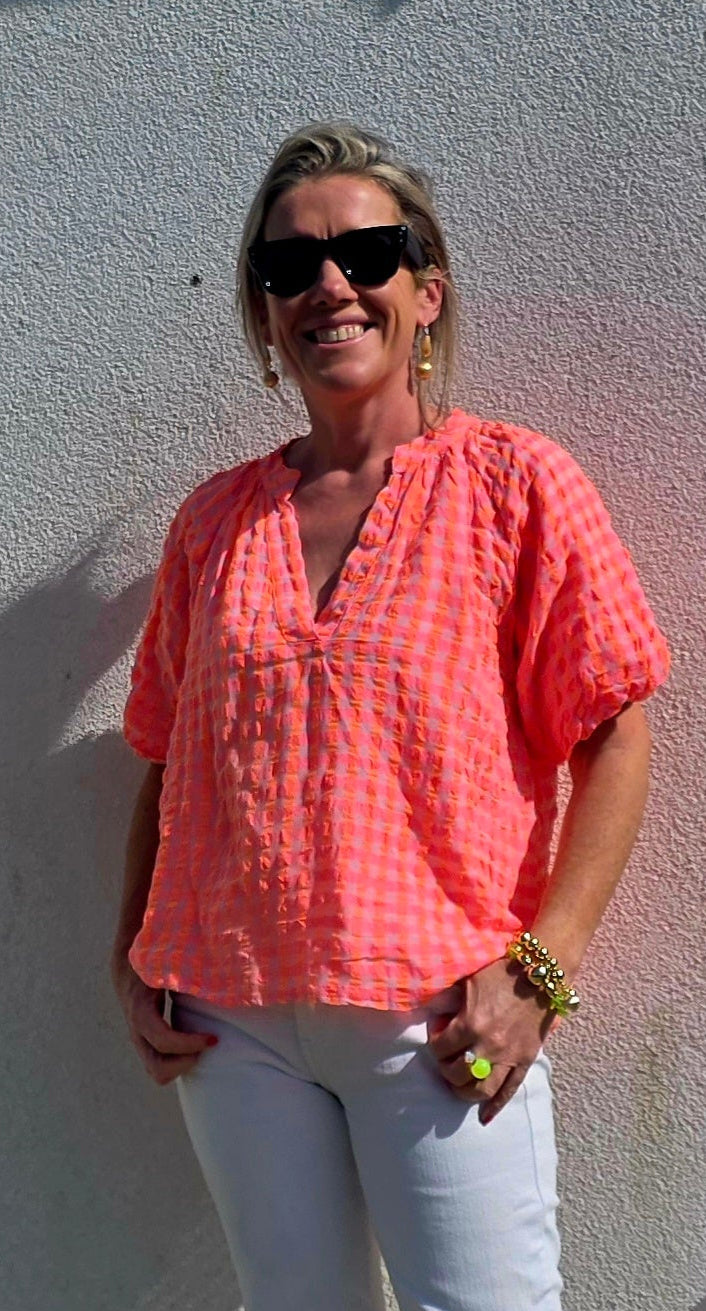 The Neon Coral Seersucker Puff Sleeve Blouse