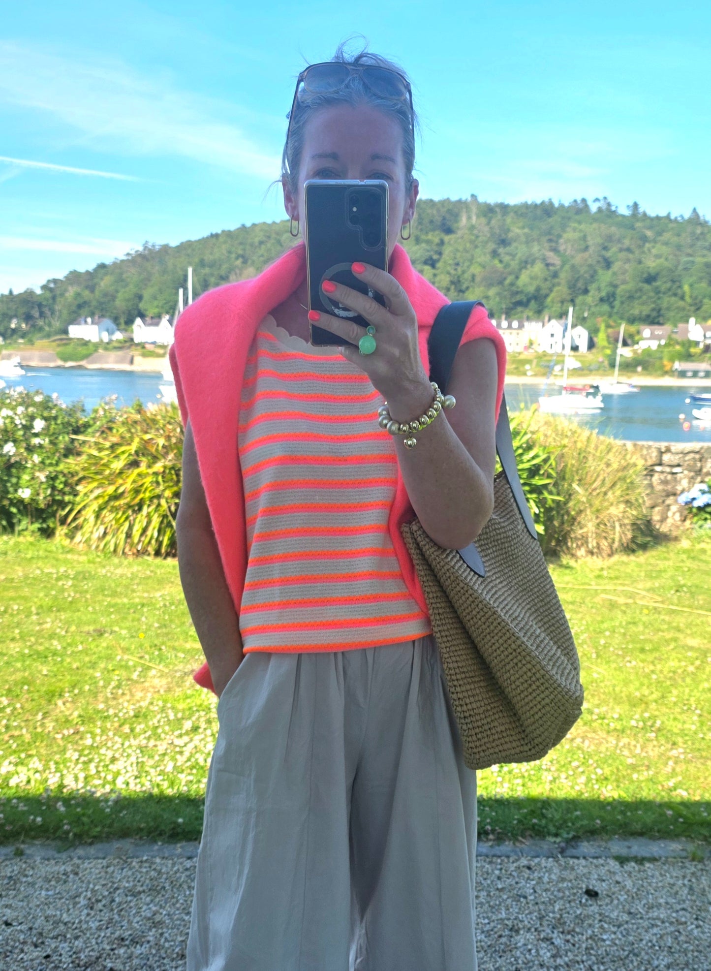 Neon Coral and Pink Striped Sleeveless Knit Top with Scalloped Trim