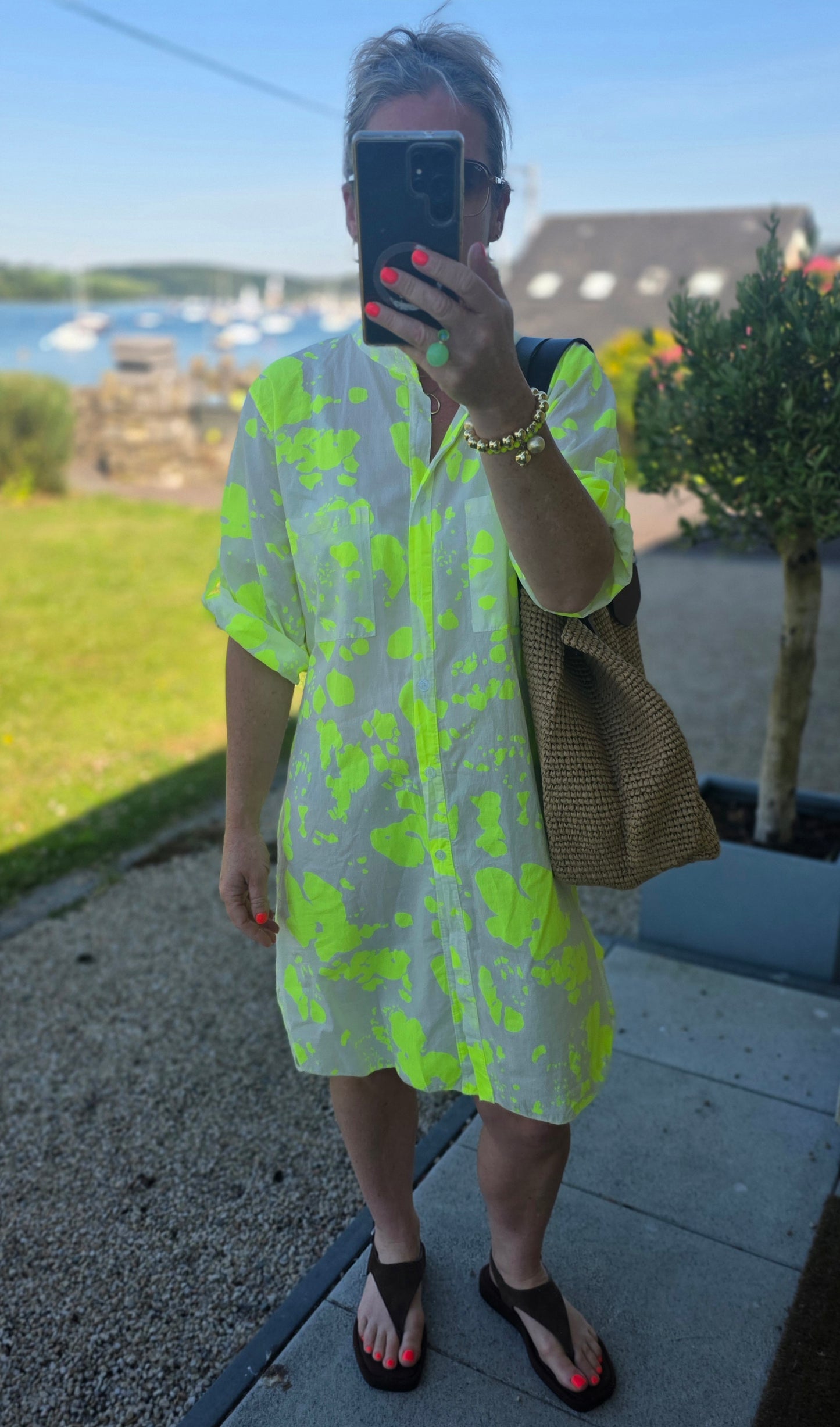 Neon Yellow Abstract print Pure Cotton Beach Cover up Shirt