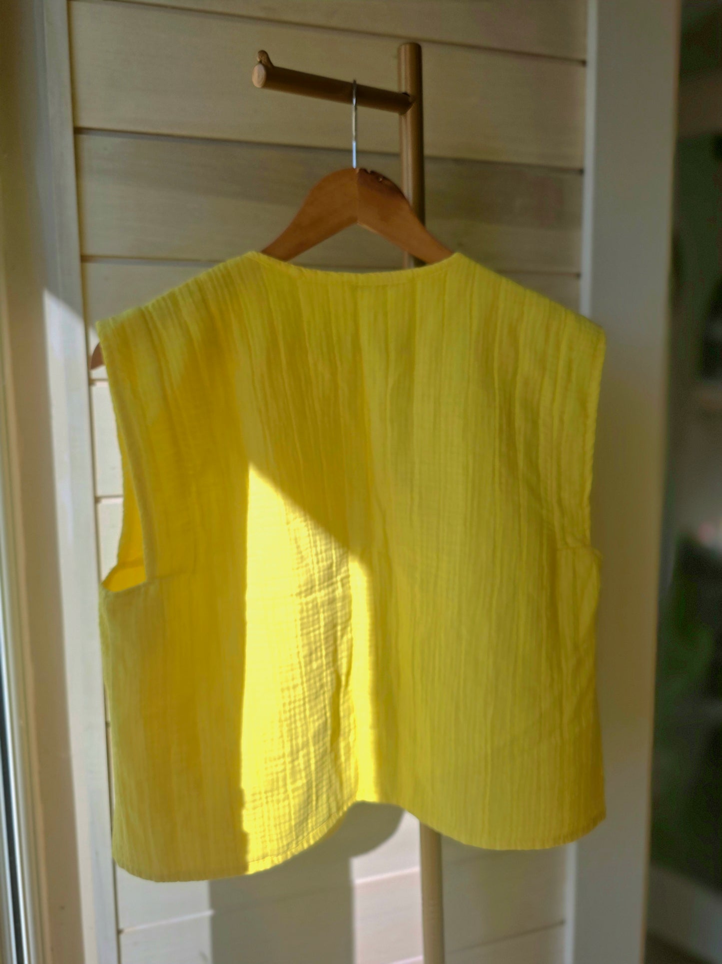 Sunshine Yellow Pure Cotton Gilet| Textured Open-Front Lightweight Vest