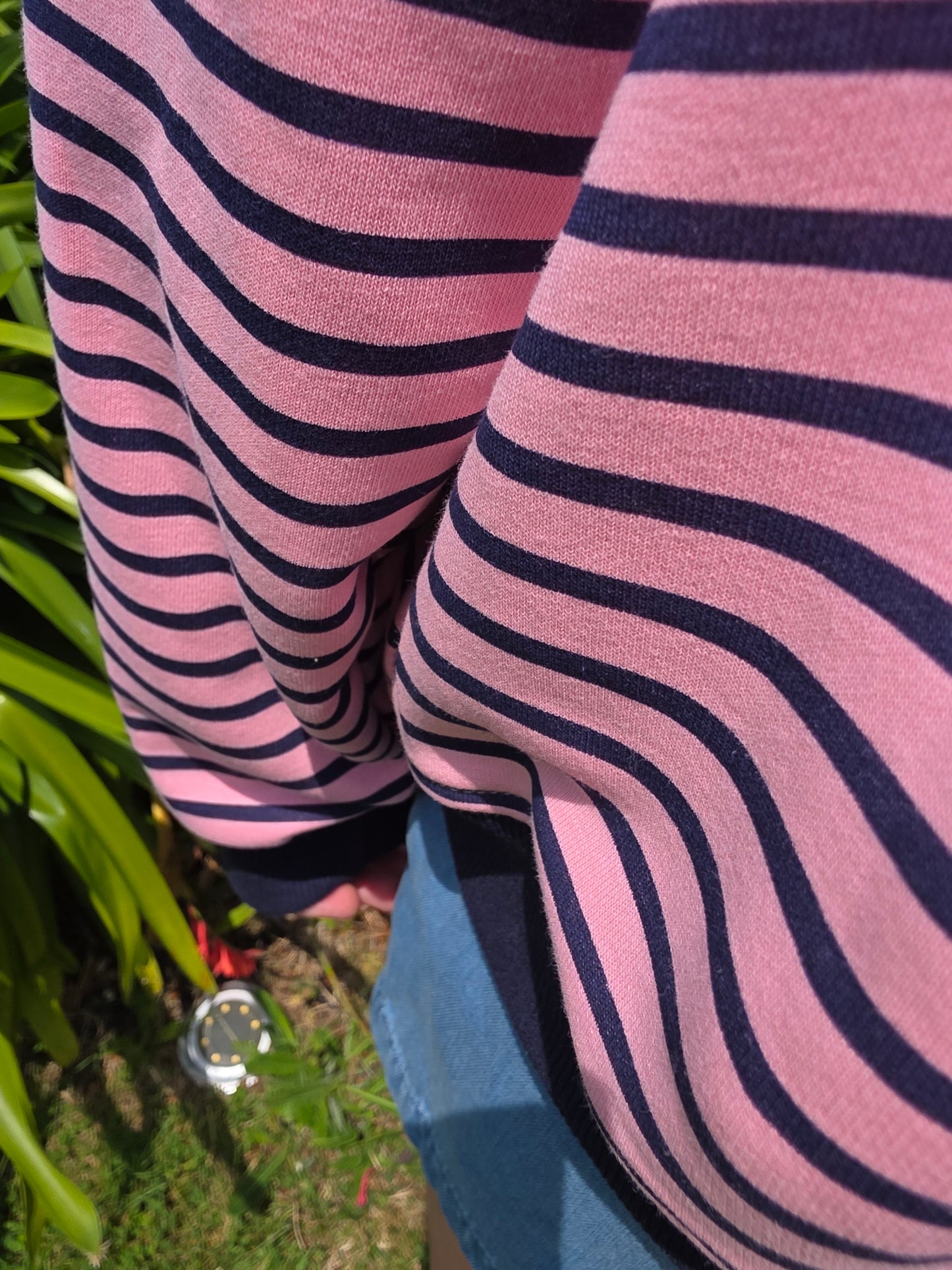 Pink & Navy Striped Crewneck Sweatshirt with 'Bisous' in Neon Yellow