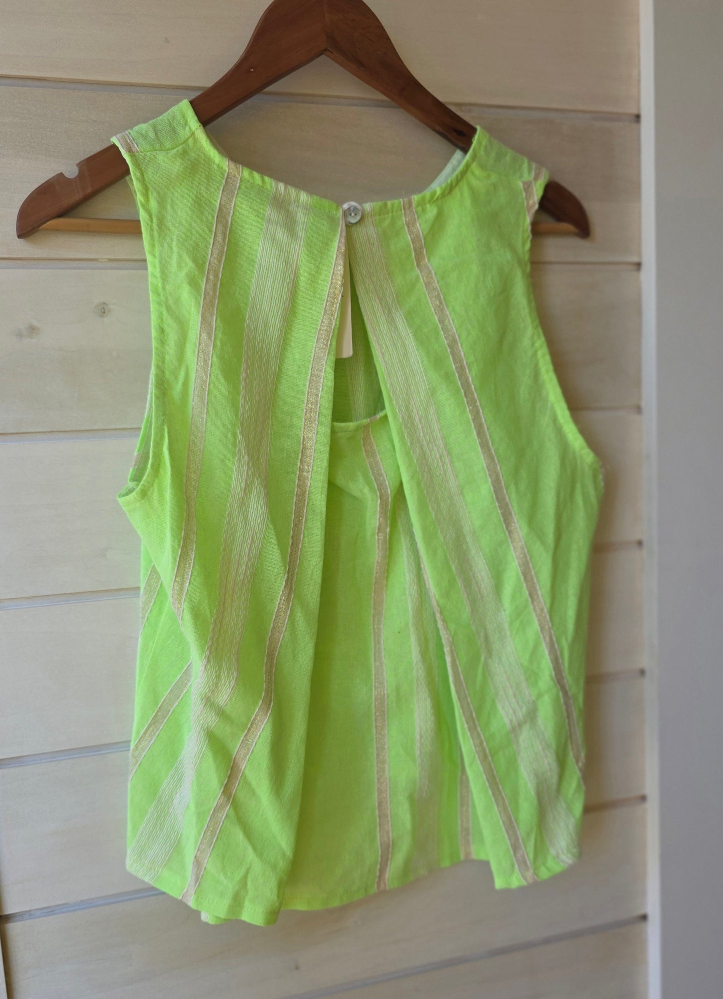 Neon Green Striped Keyhole Sleeveless Blouse