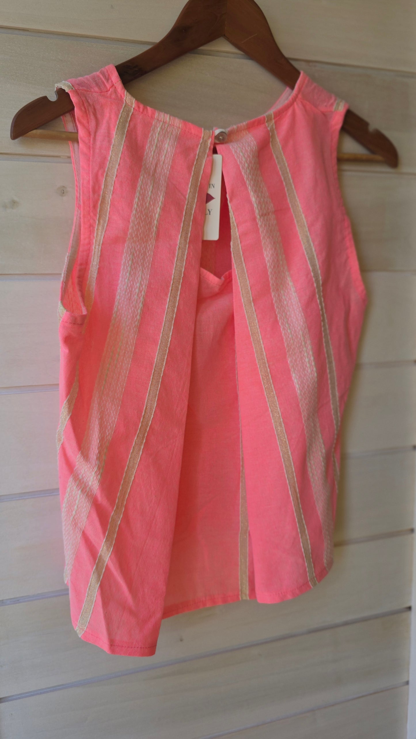 Neon Pink Striped Keyhole Sleeveless Blouse