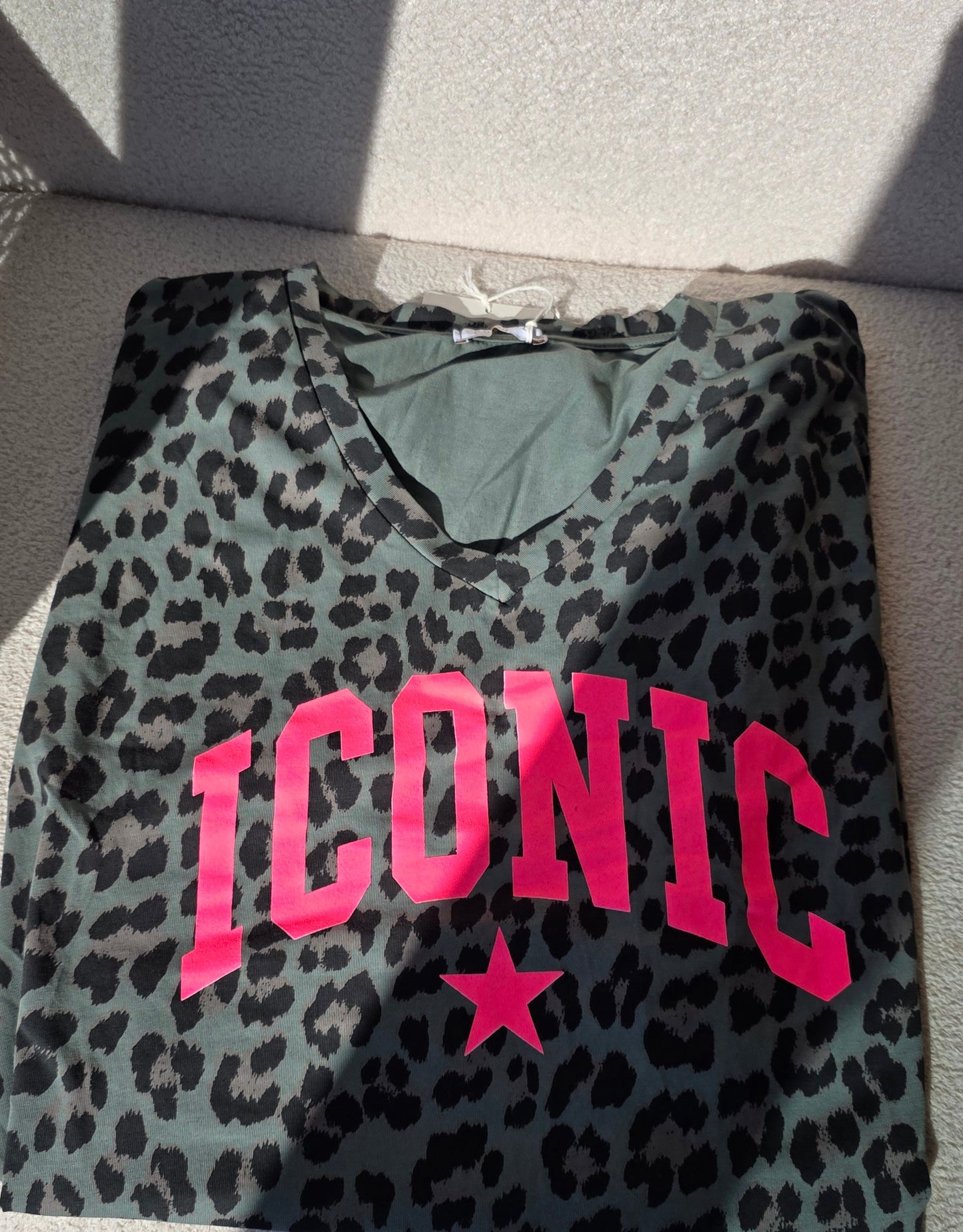 The "Iconic" Animal Print V-Neck T-Shirt Dress- Khaki & Neon Pink