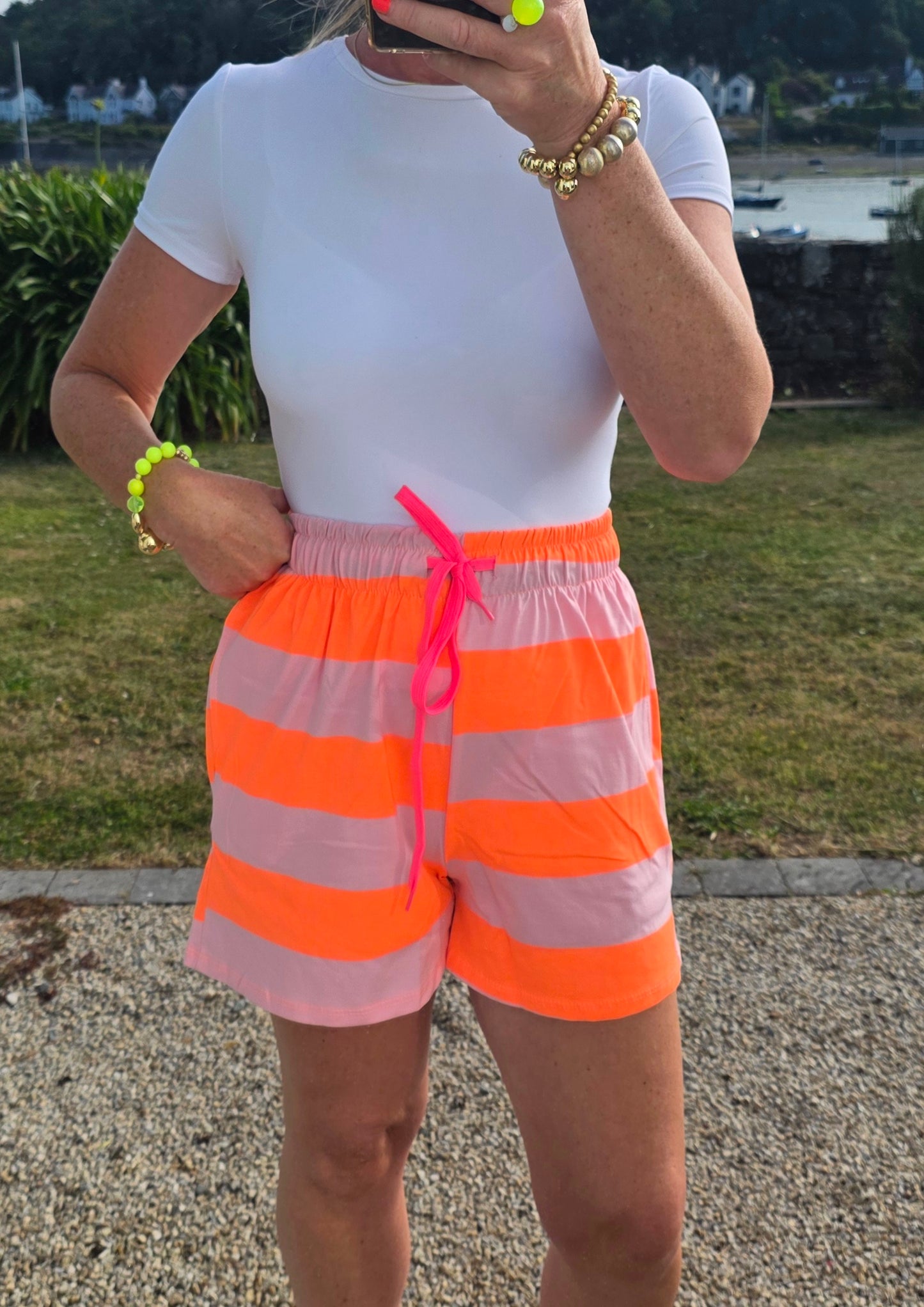 Neon Orange and Mauve Striped Cotton Shorts with Contrast Drawstring