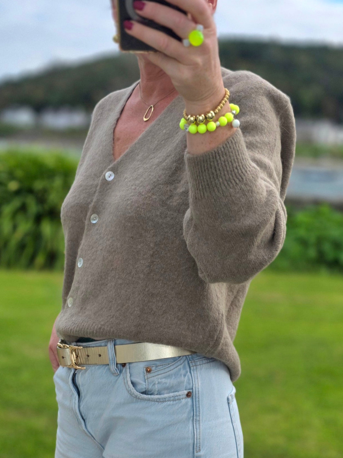 Soft Touch V Neck Button Up Cardigan in Taupe