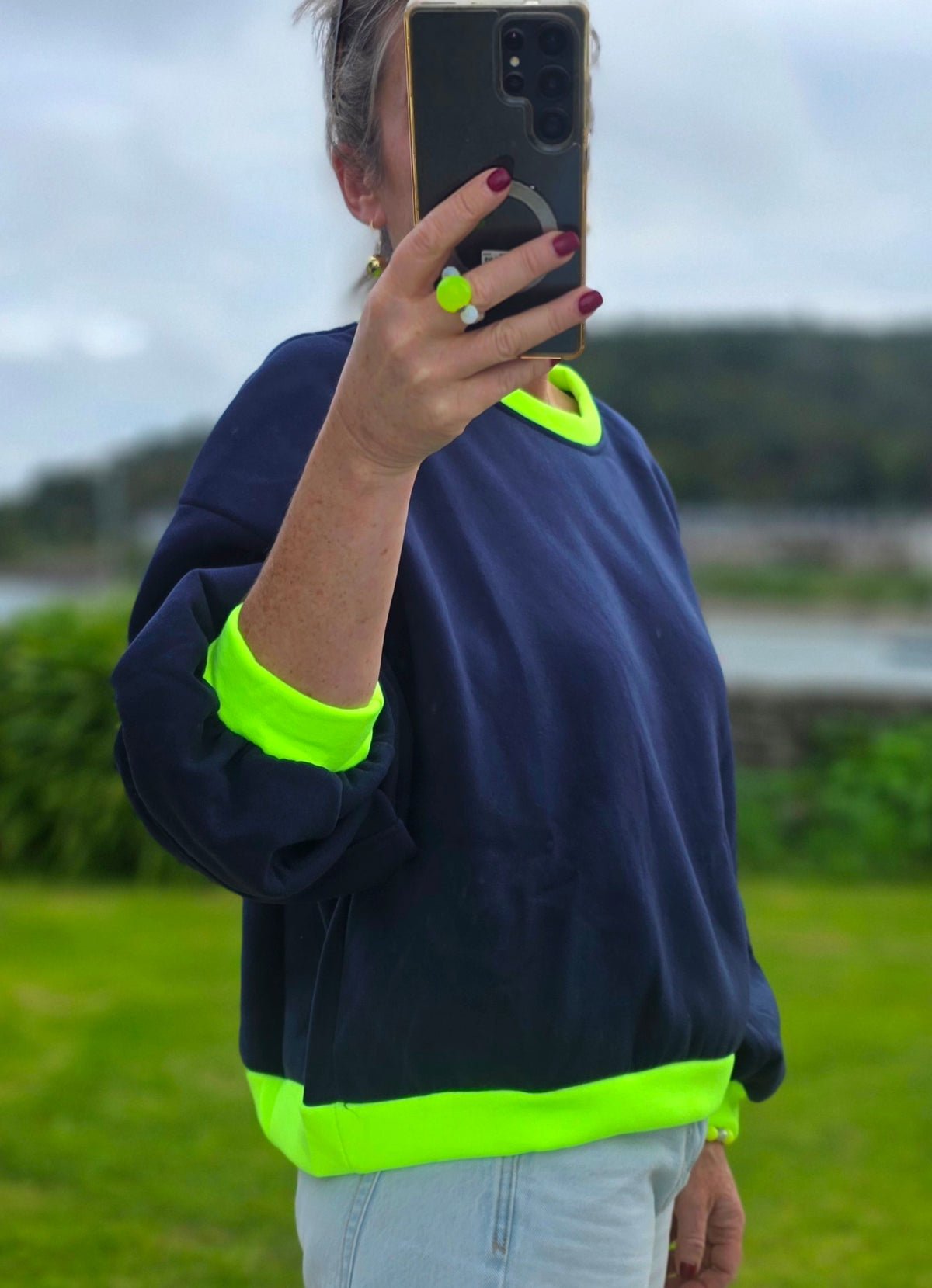 Boxy Fit Balloon Sleeve Sweatshirt in Navy with Neon Yellow Trim