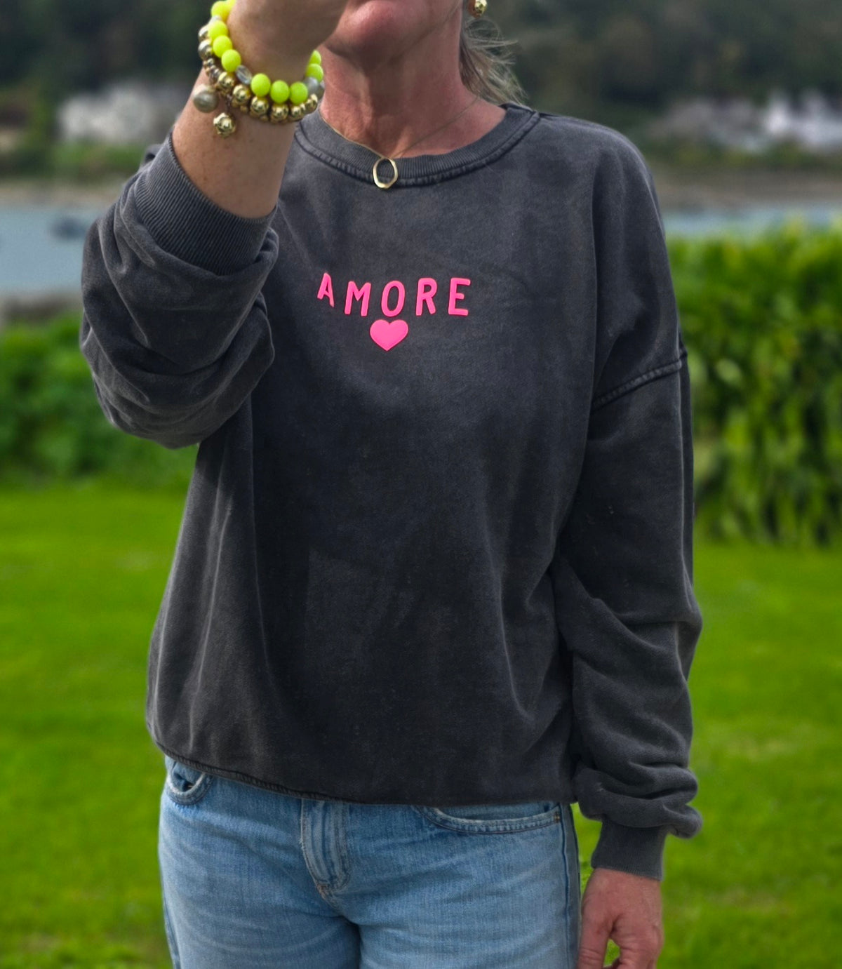 Vintage Wash Amore Sweatshirt in Charcoal Grey & Neon Pink