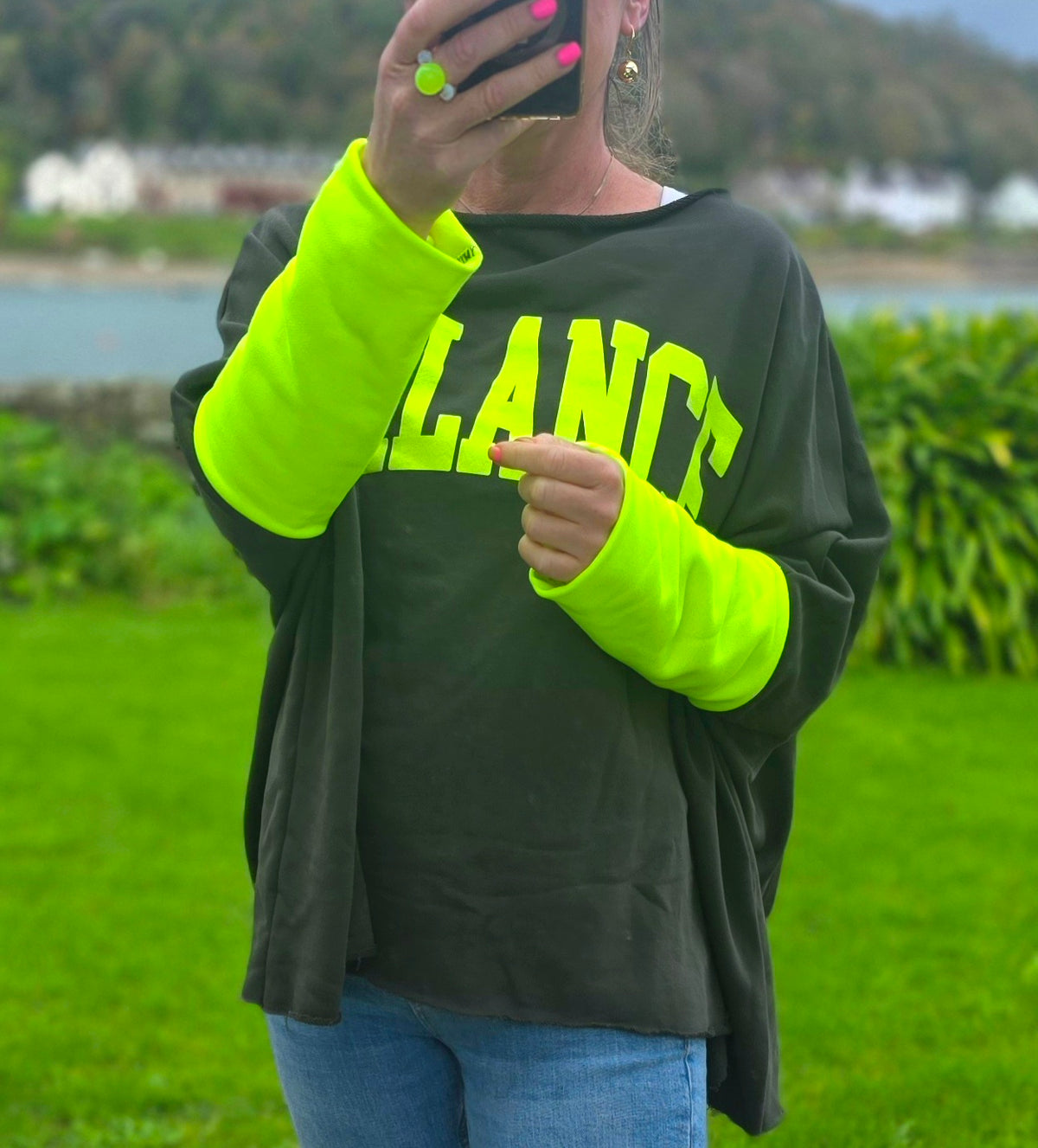 Neon Contrast 'Balance' Raw Edge Slouchy Sweatshirt.