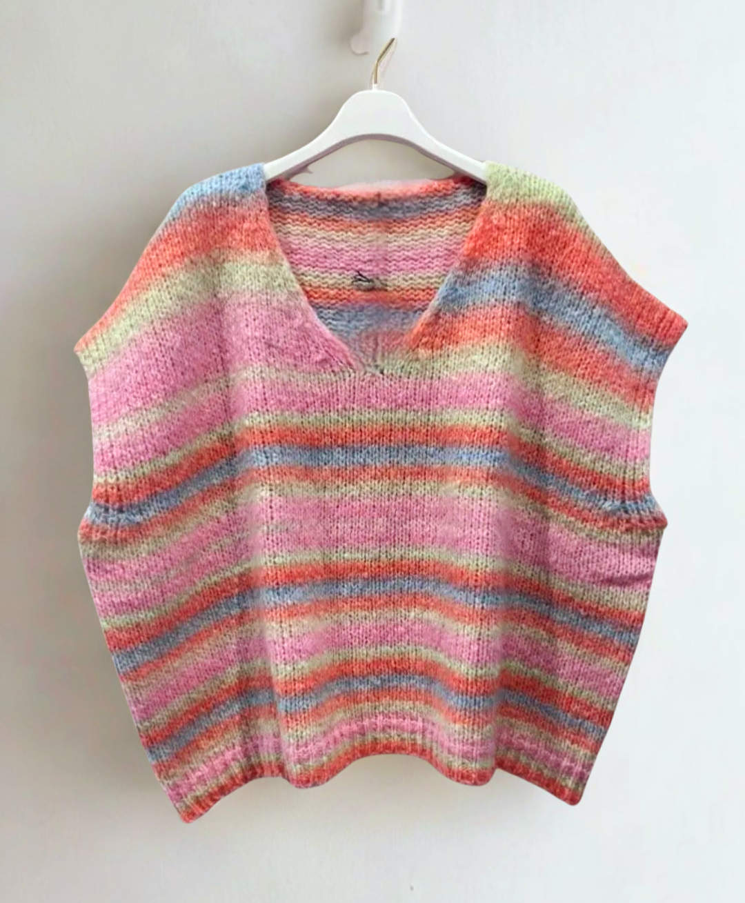 Striped, wool mix, sleeveless v neck jumper.
